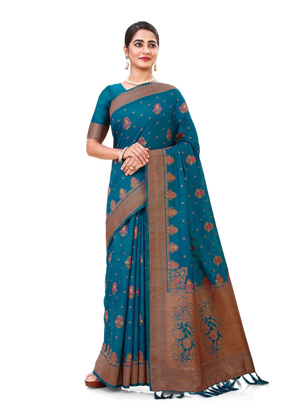 

elora Ethnic Motifs Woven Design Zari Pure Silk Banarasi Saree, Teal