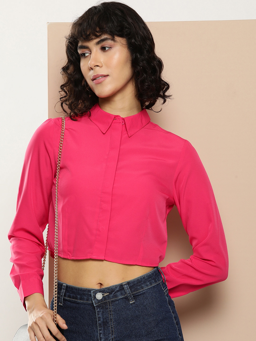

encore by INVICTUS Solid Crop Casual Shirt, Fuchsia