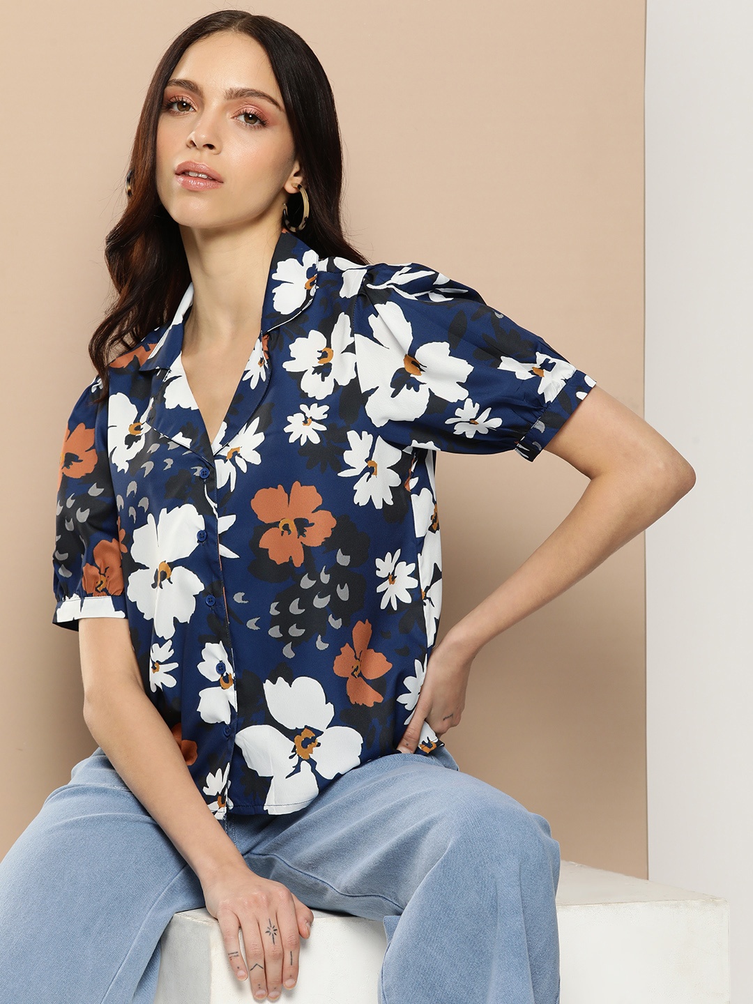 

encore by INVICTUS Floral Printed Casual Shirt, Navy blue