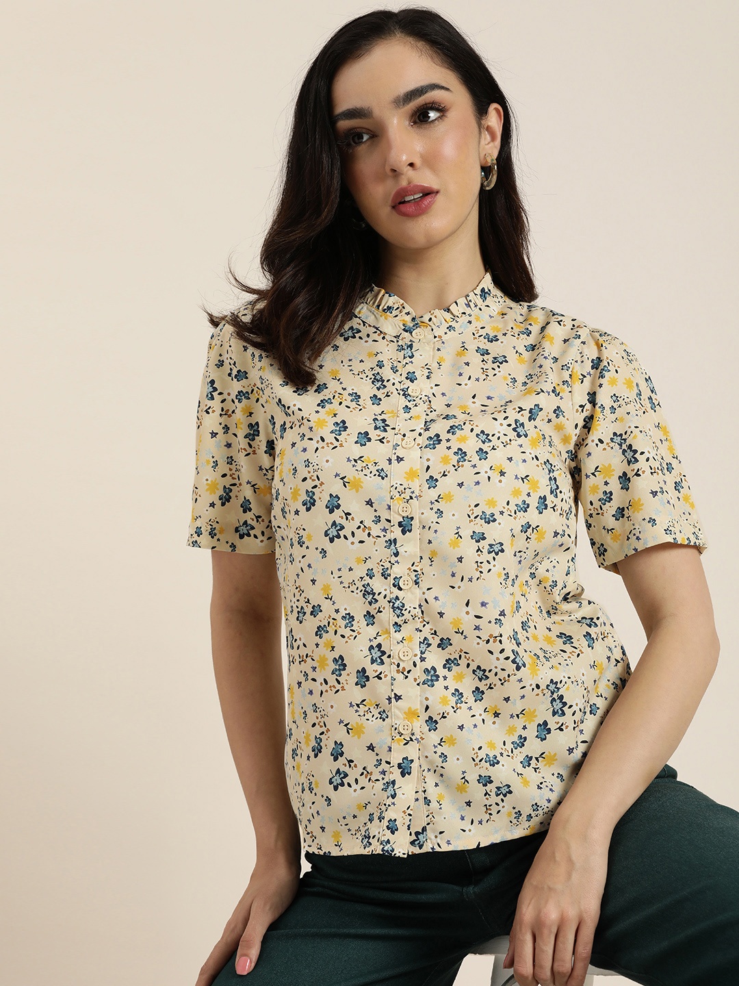

encore by INVICTUS Floral Printed Puff Sleeves Casual Shirt, Beige