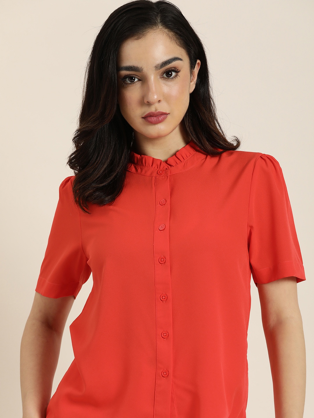 

encore by INVICTUS Solid Puff Sleeves Casual Shirt, Red