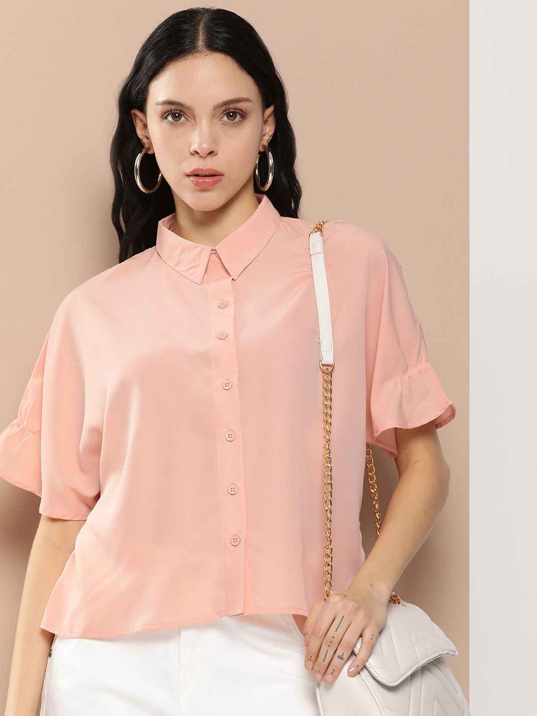 

encore by INVICTUS Solid Extended Sleeves Casual Shirt, Peach