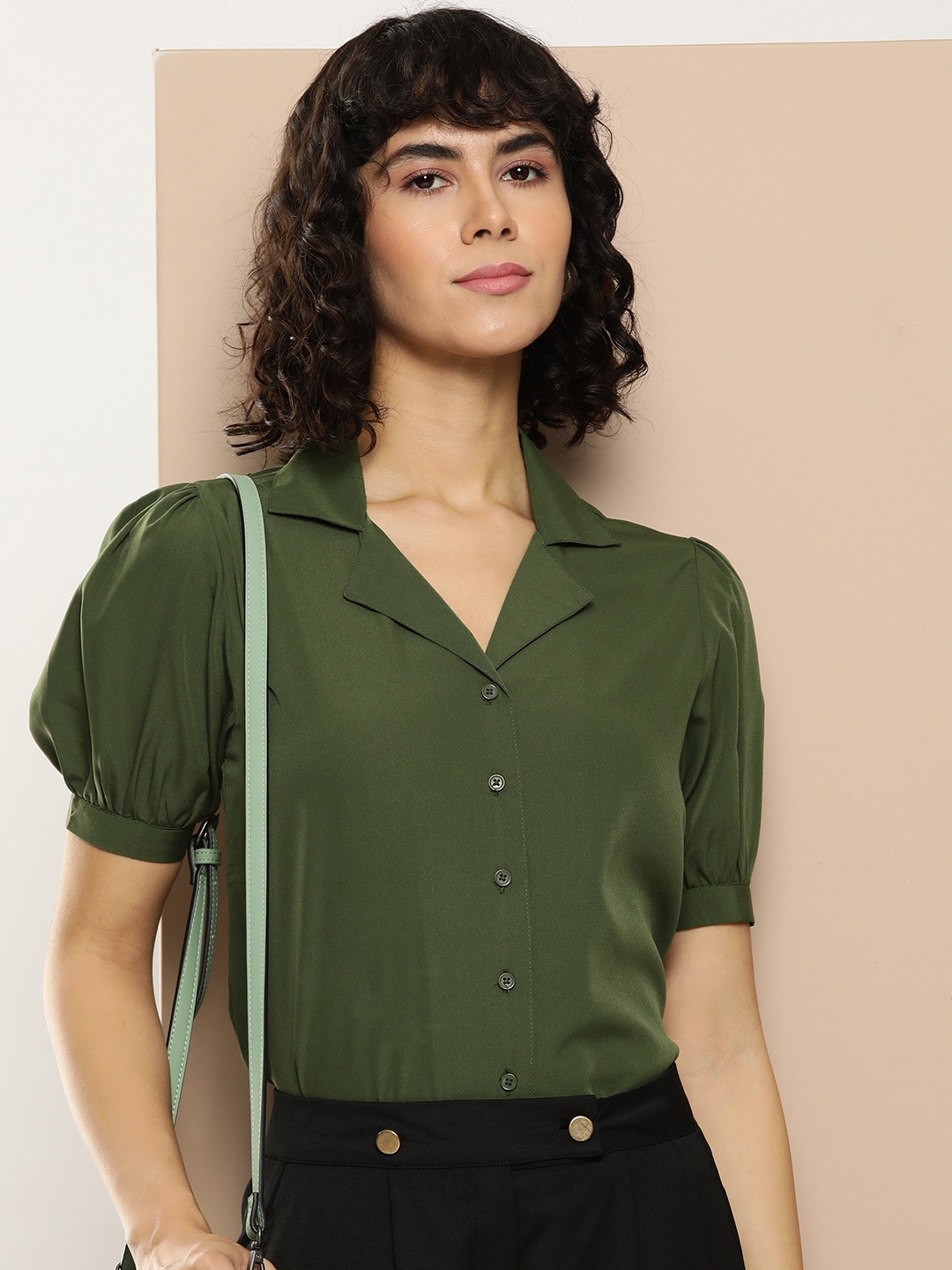 

encore by INVICTUS Solid Puff Sleeves Casual Shirt, Green