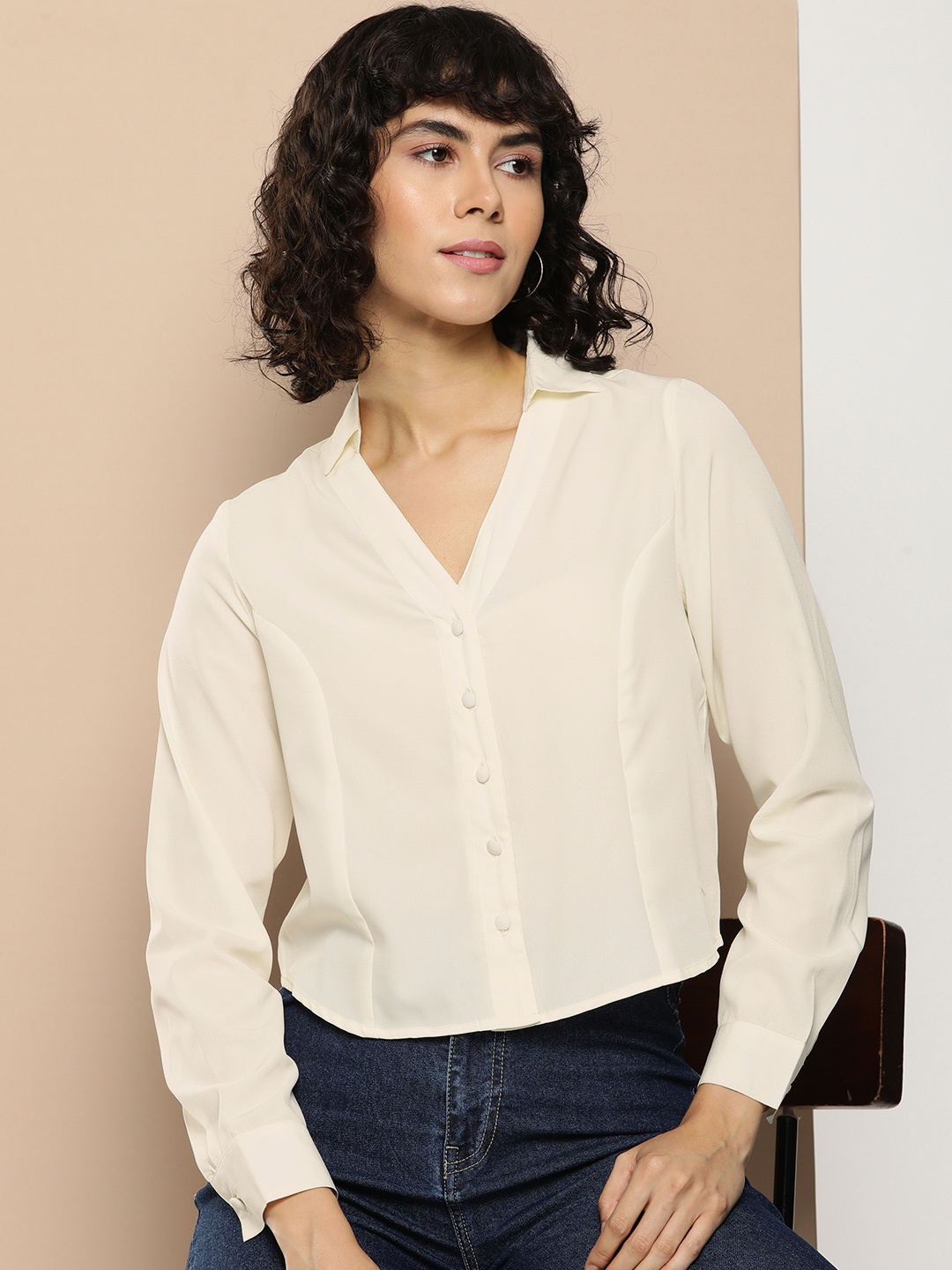 encore by INVICTUS Solid Crop Casual Shirt, Off white