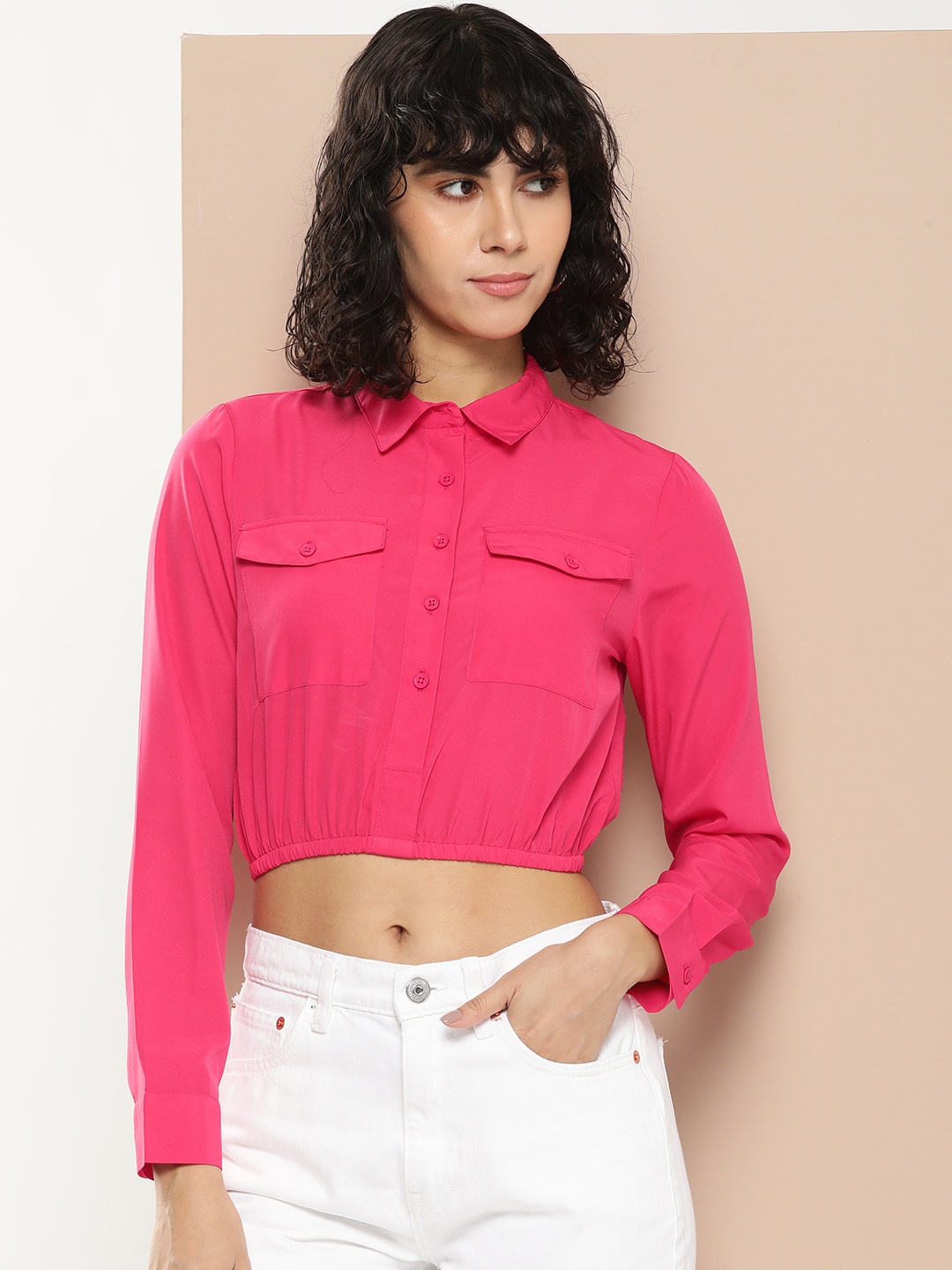 encore by INVICTUS Opaque Cropped Casual Shirt, Fuchsia