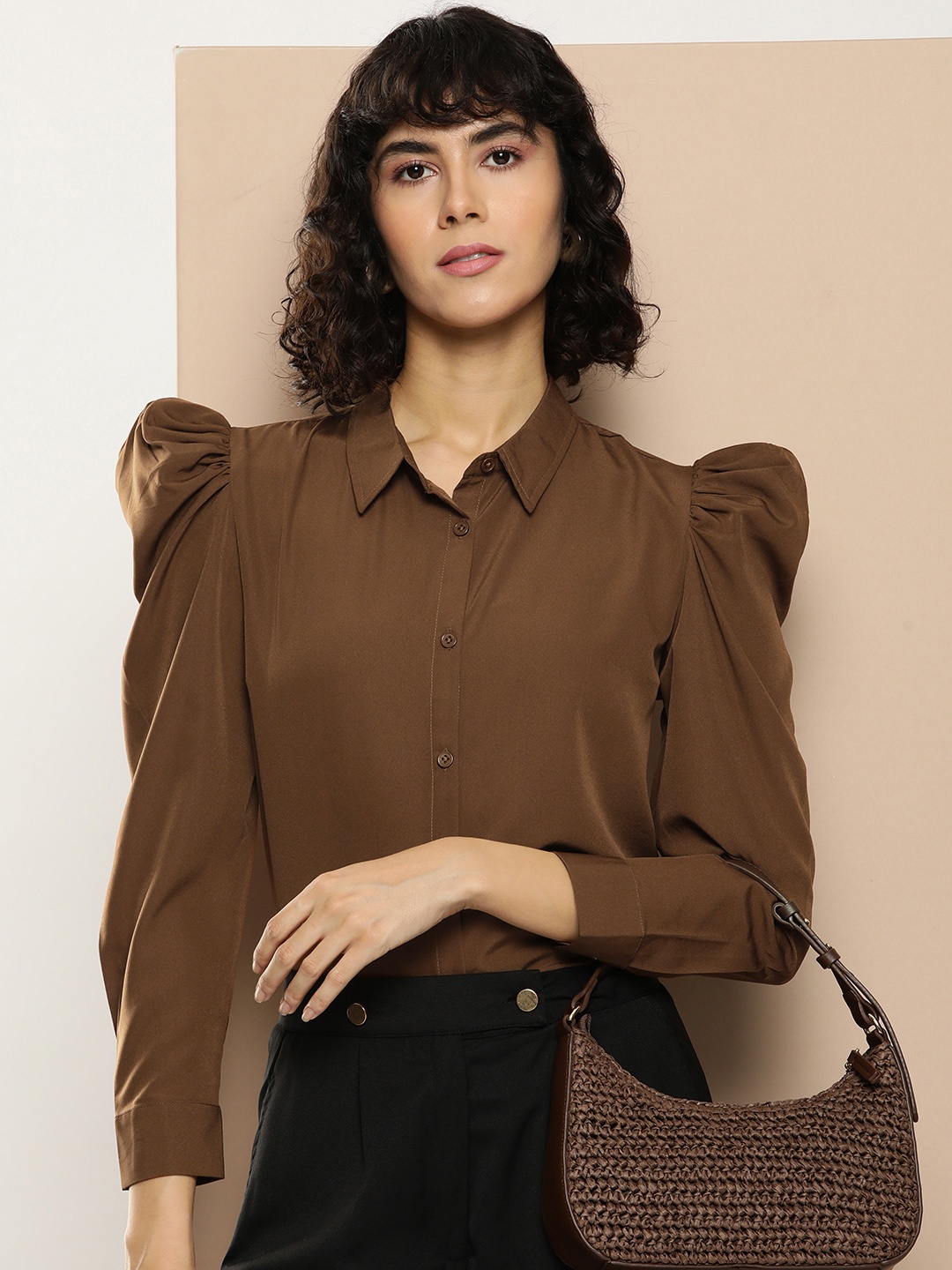 

encore by INVICTUS Solid Puff Sleeves Casual Shirt, Brown