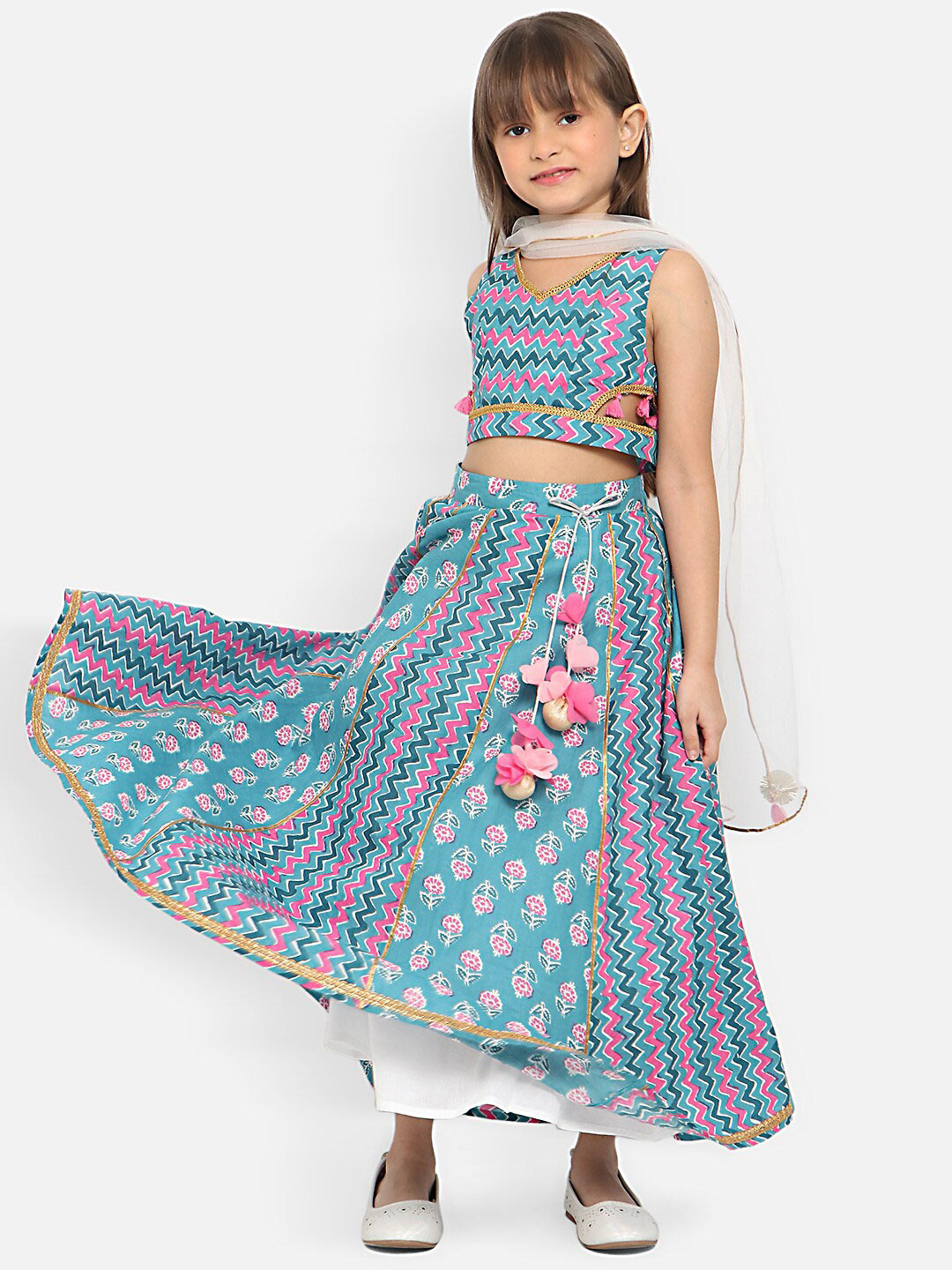 

Nauti Nati Girls Chevron Printed Ready to Wear Pure Cotton Lehenga Choli With Dupatta, Blue