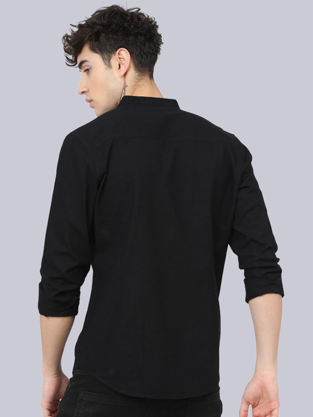 

Try This Classic Typography Printed Band Collar Cotton Casual Shirt, Black