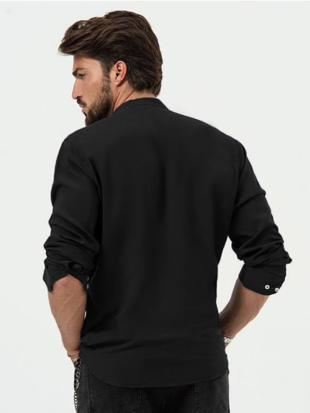 

Try This Classic Colourblocked Band Collar Cotton Casual Shirt, Green
