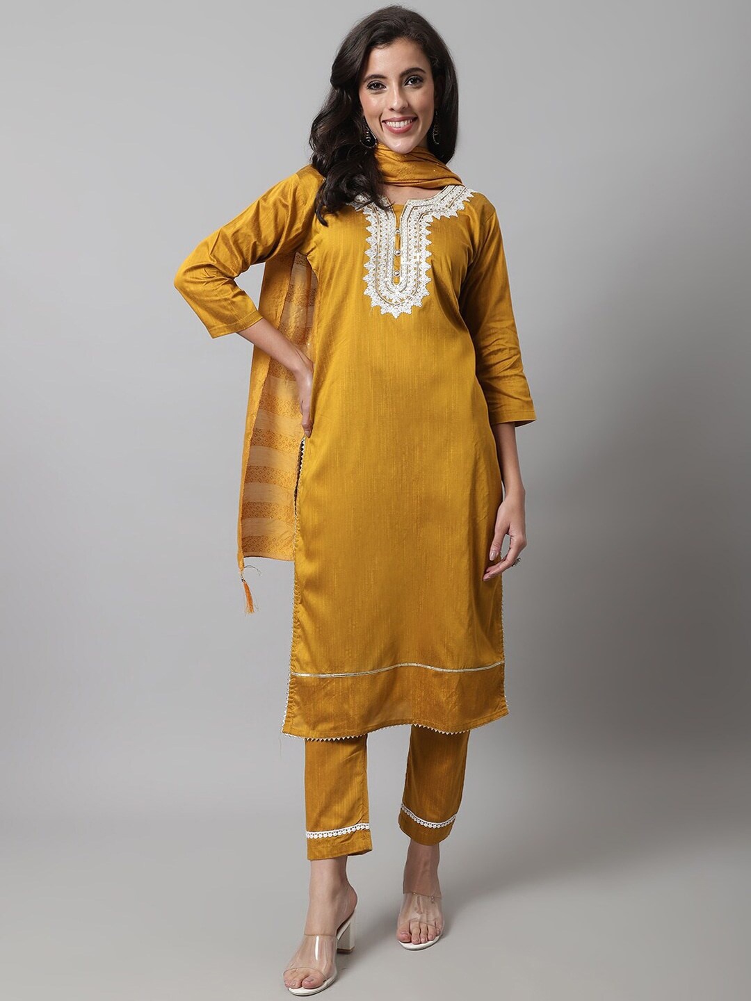 

KALINI Mustard Yellow & White Embroidered Gotta Patti Kurta with Trousers & Dupatta