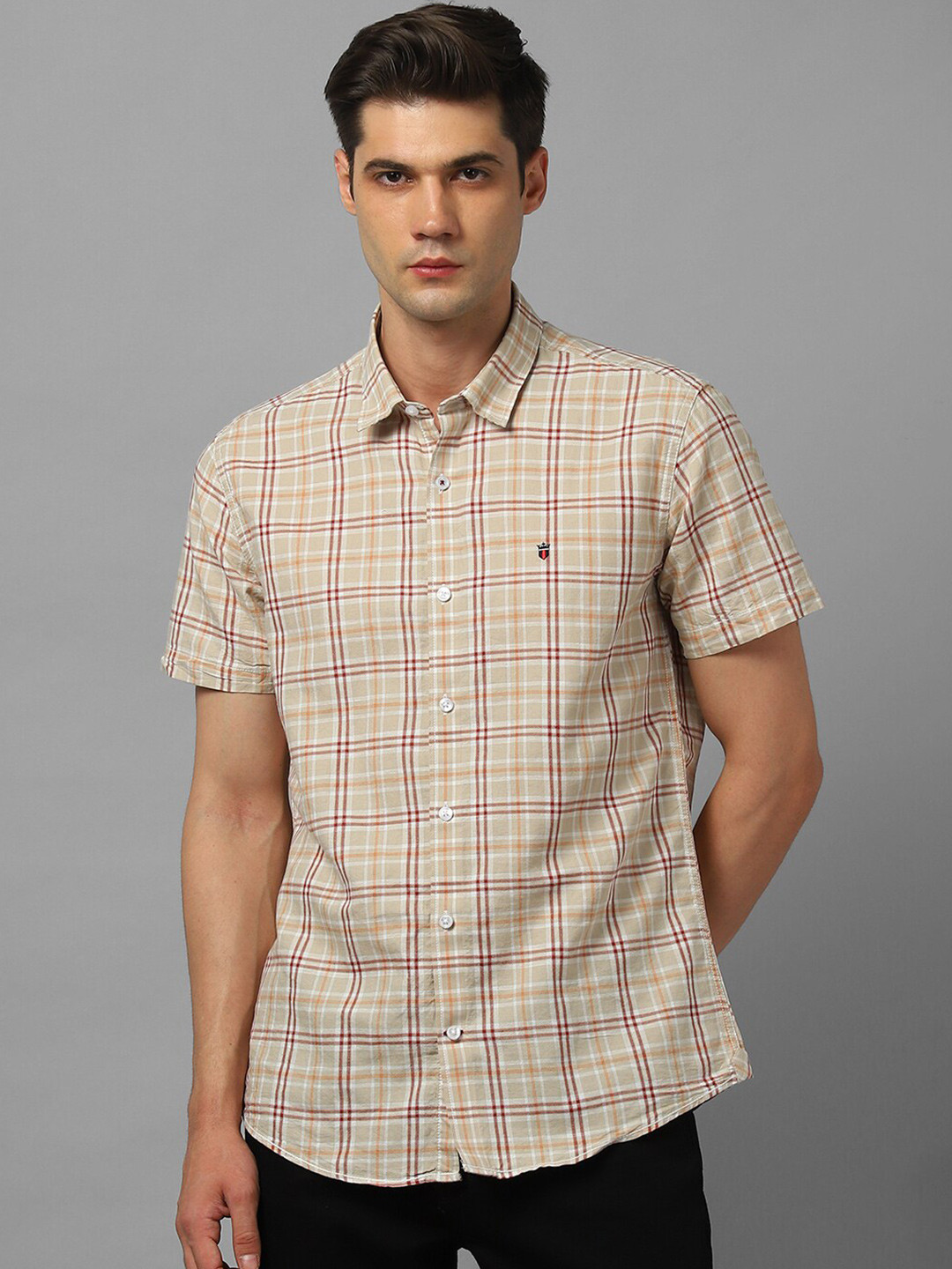 

Louis Philippe Sport Tartan Checked Spread Collar Casual Shirt, Beige