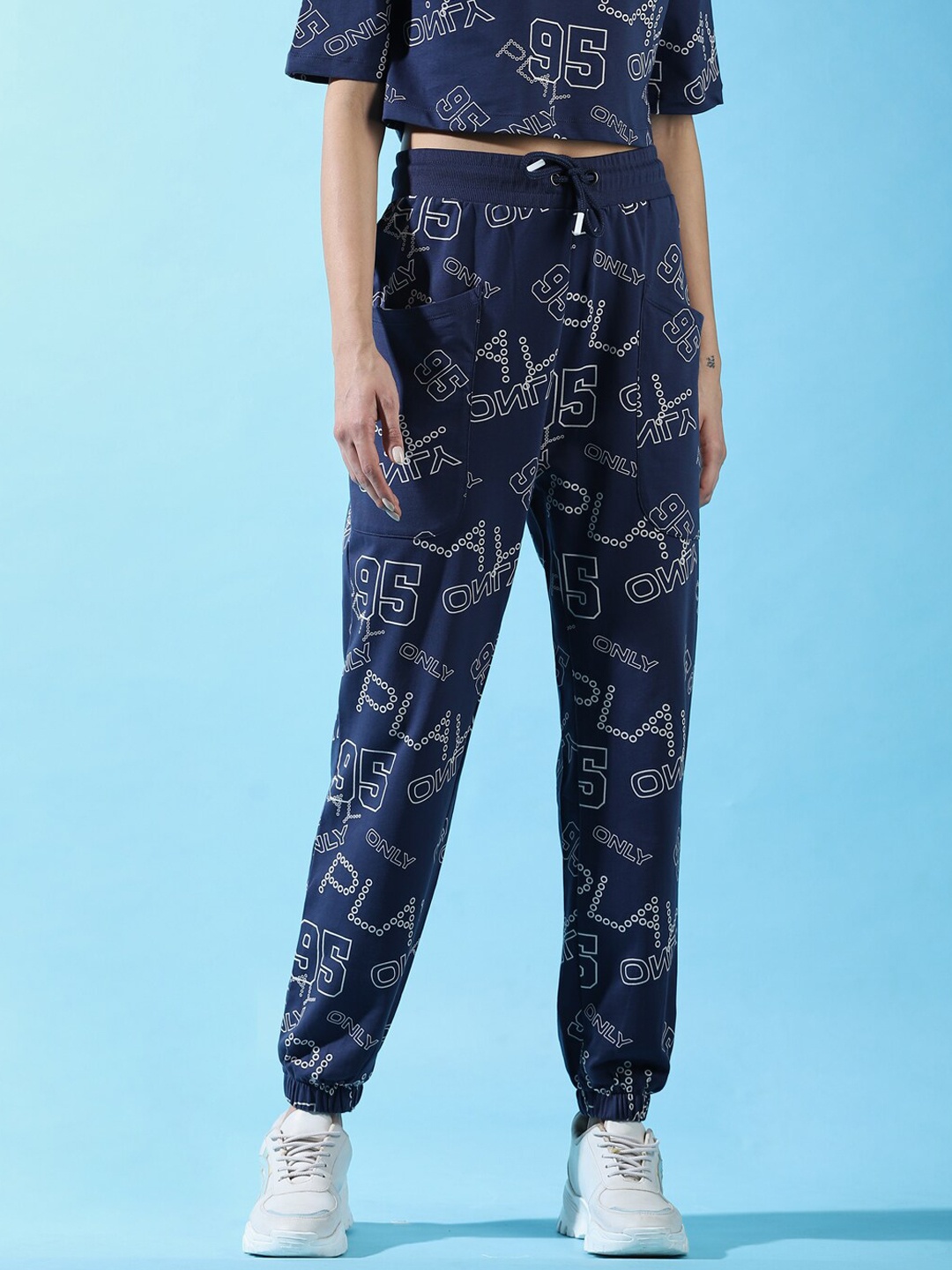 

ONLY Printed Mid Rise Cotton Joggers, Navy blue