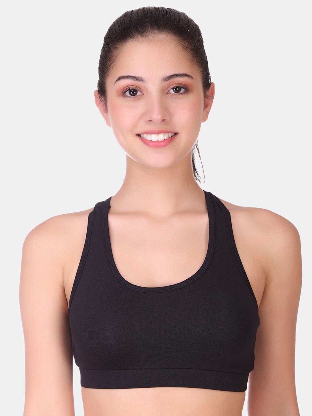 

POOJA RAGENEE Racerback Full Support Seamless Non-Padded Non-Wired Cotton Sports Bra, Black