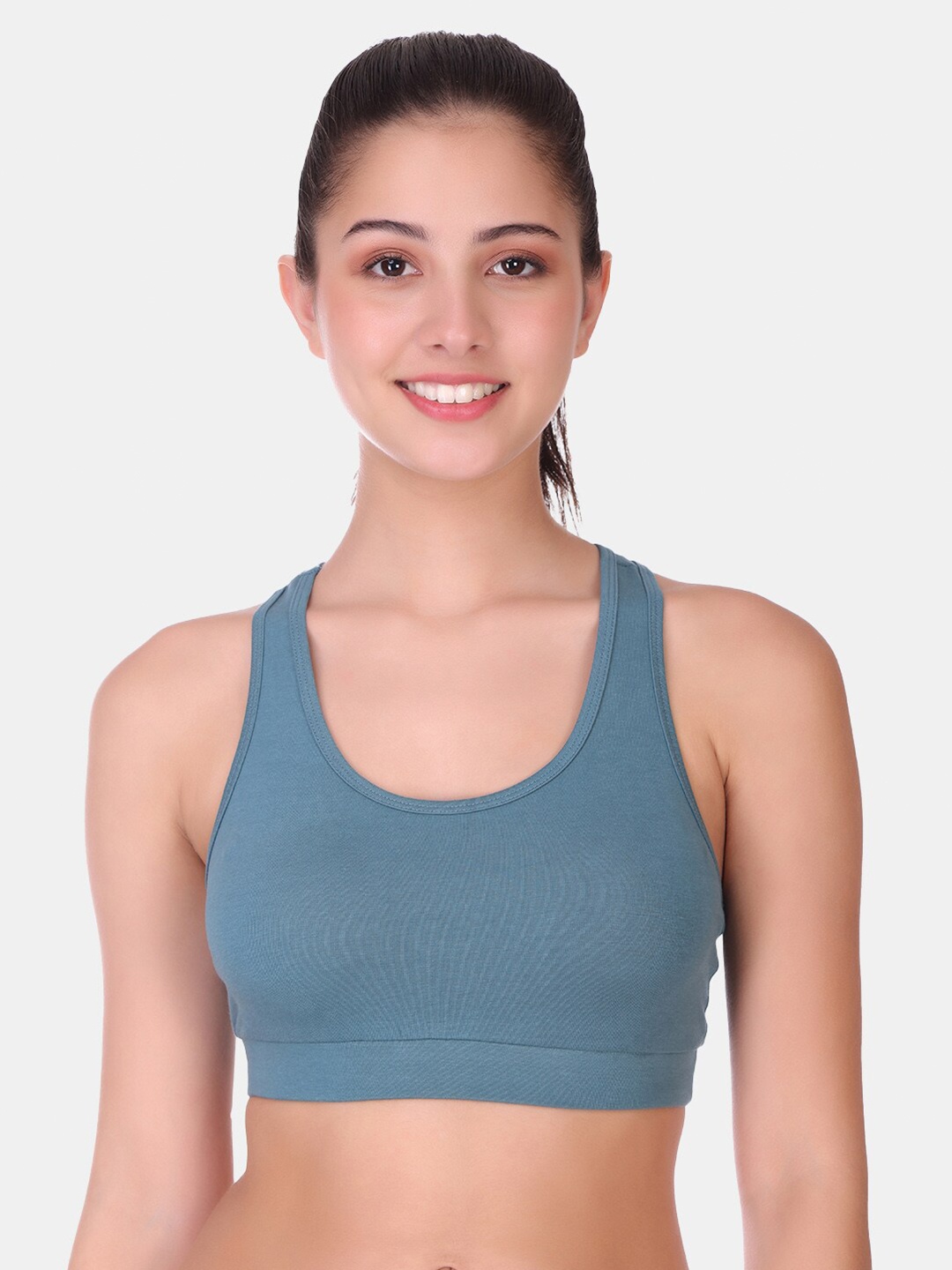 

POOJA RAGENEE Racerback Full Support Seamless Non-Padded Non-Wired Cotton Sports Bra, Teal