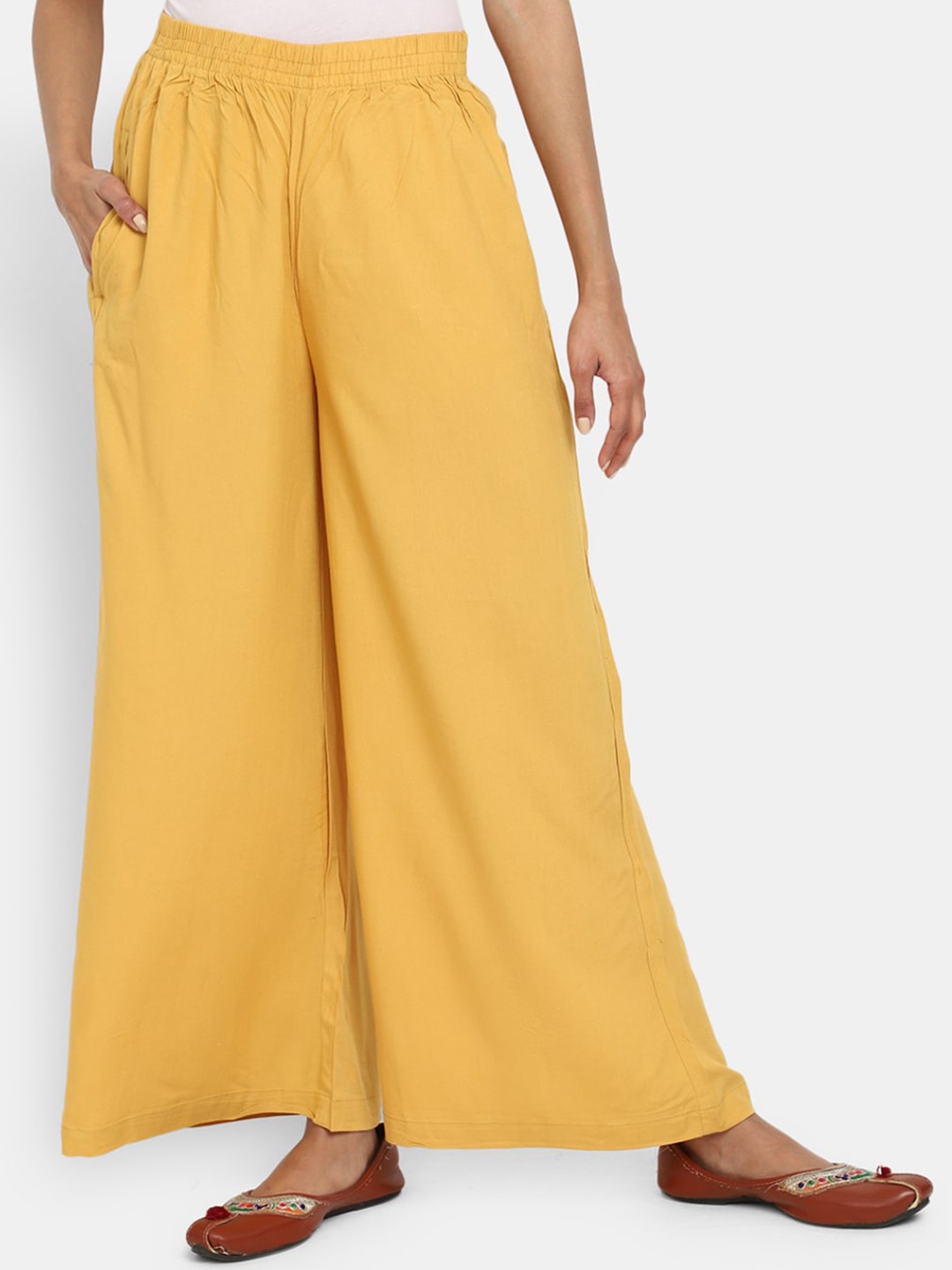 

V-Mart Women Mid Rise Pleated Cotton Trousers, Yellow
