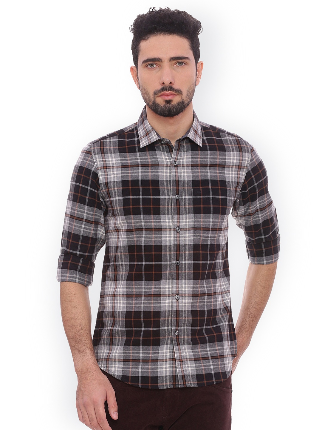 

Basics Men Brown & Off-White Slim Fit Checked Casual Shirt