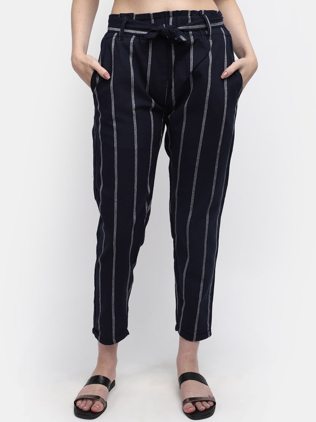 

V-Mart Women Striped Regular Fit Regular Trousers, Navy blue