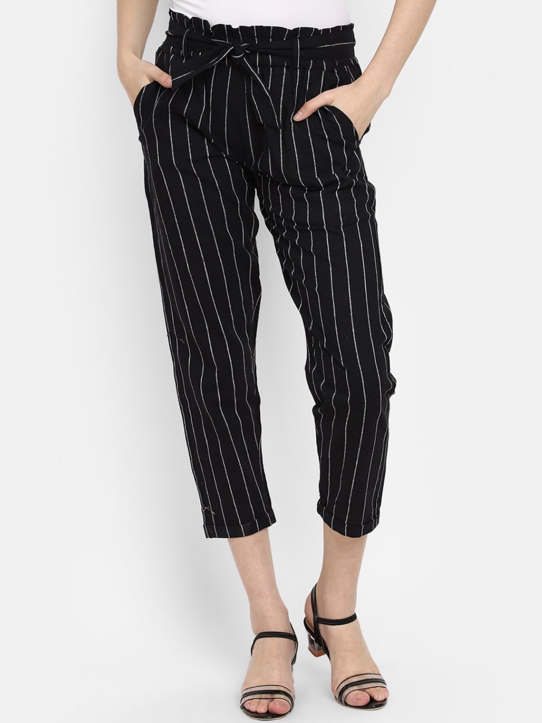 

V-Mart Women Striped Regular Fit Regular Trousers, Black