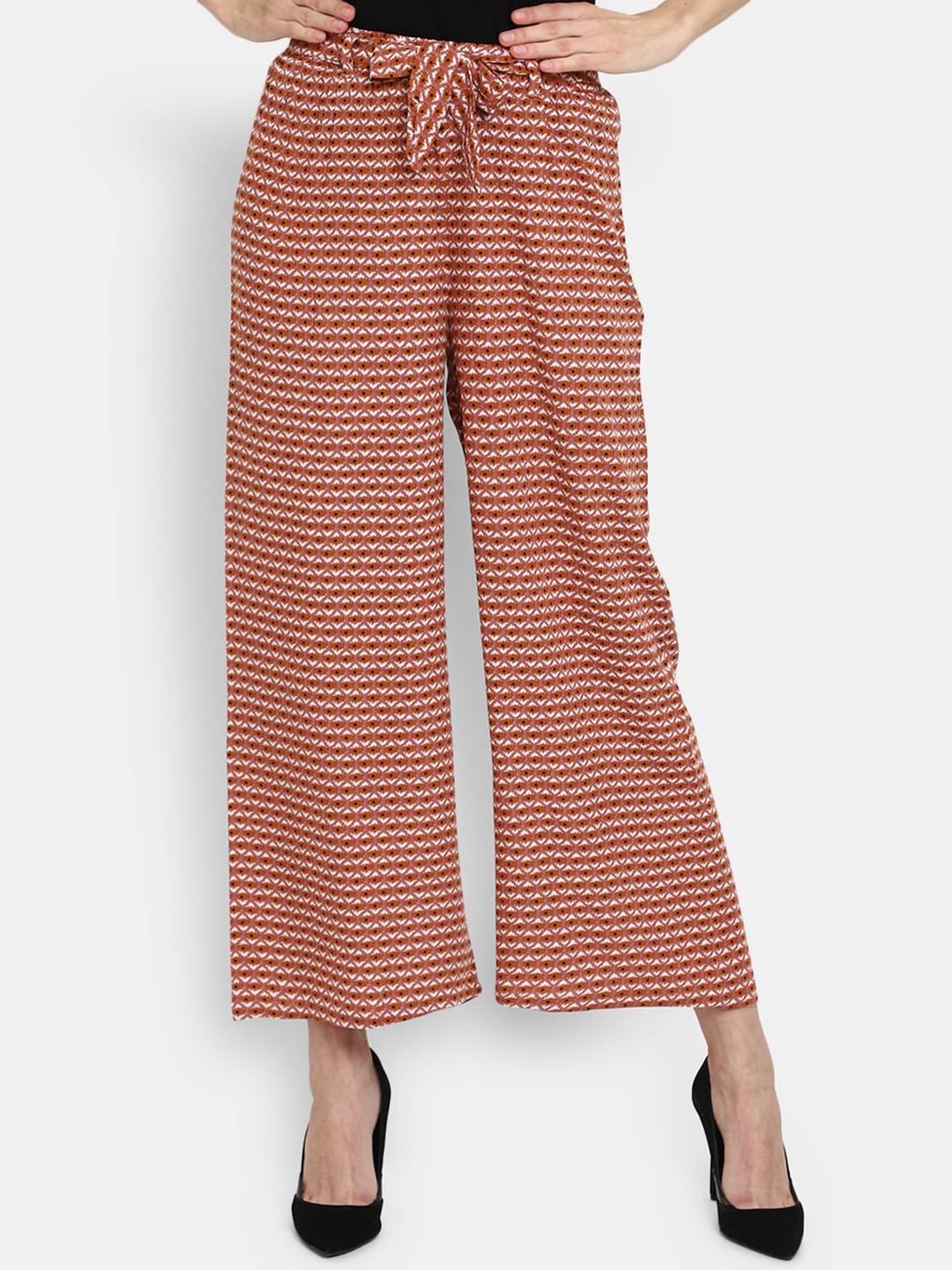 

V-Mart Women Striped Mid-Rise Straight Fit Parallel Trousers, Red