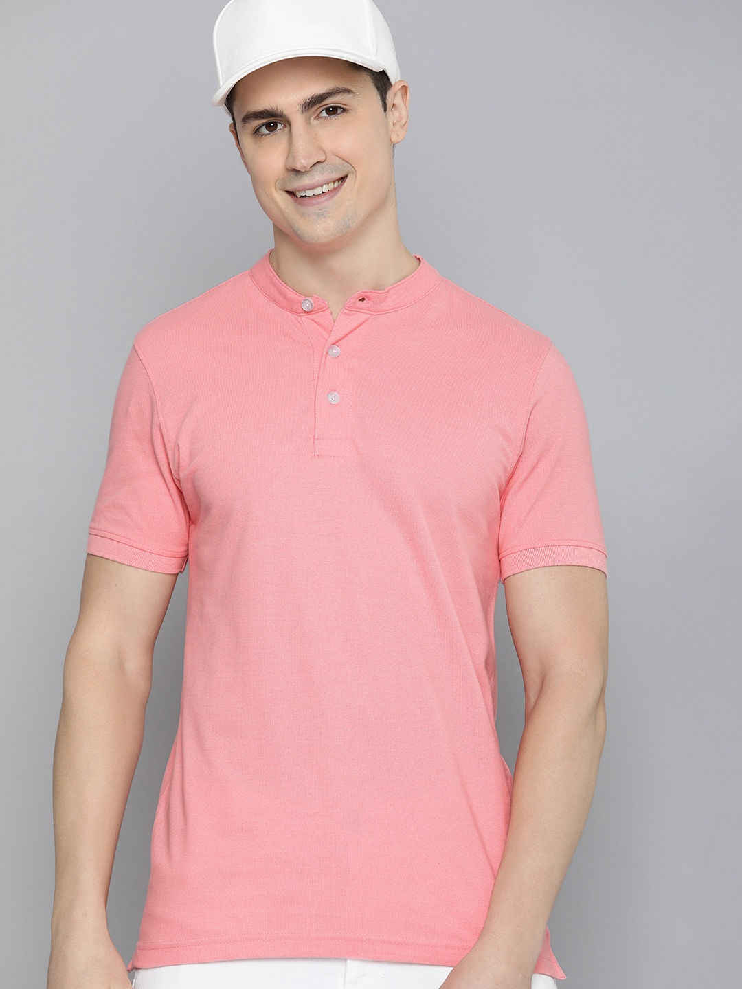 

HERE&NOW Men Henley Neck T-shirt, Pink