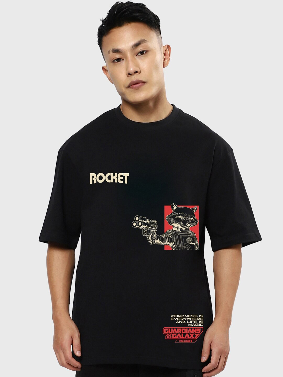 

Bewakoof x Official Marvel Merchandise Rocket Raccoon Print Oversized T-shirt, Black