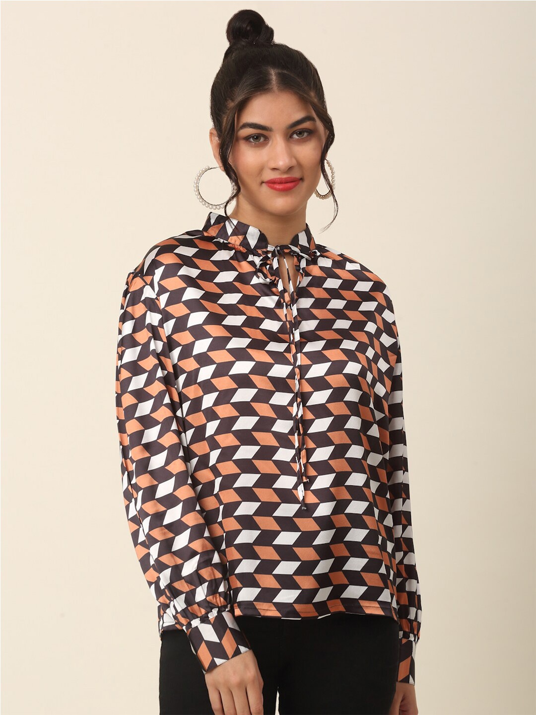 

plusS Brown & Black Geometric Print Tie-Up Neck Shirt Style Top, White