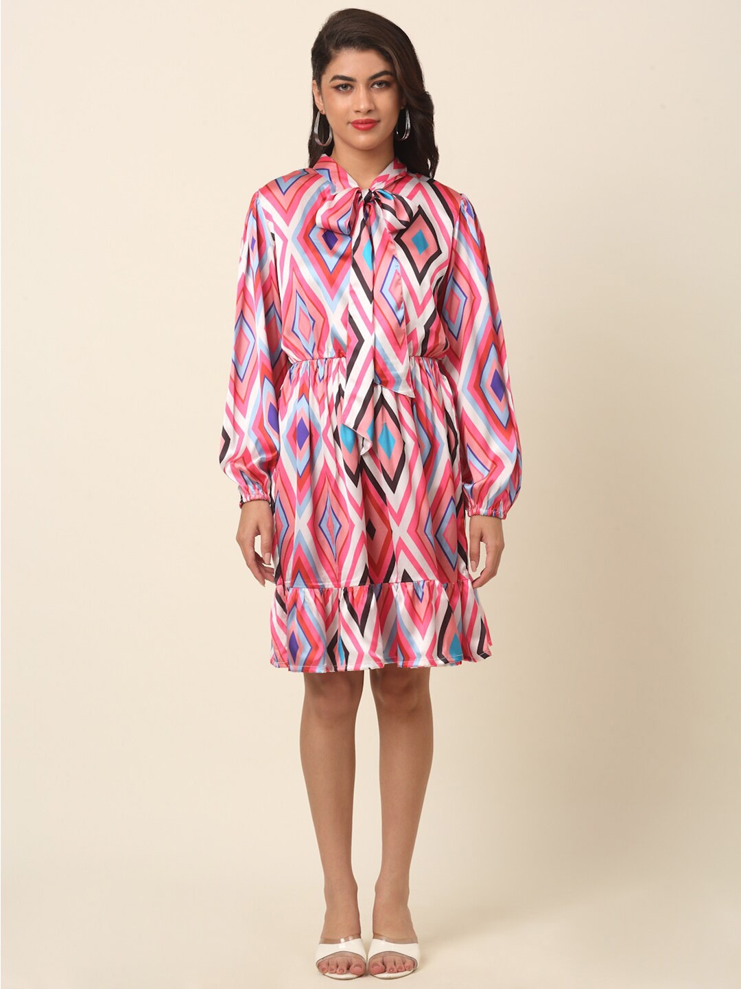 

plusS Pink Print Tie-Up Neck Shirt Dress