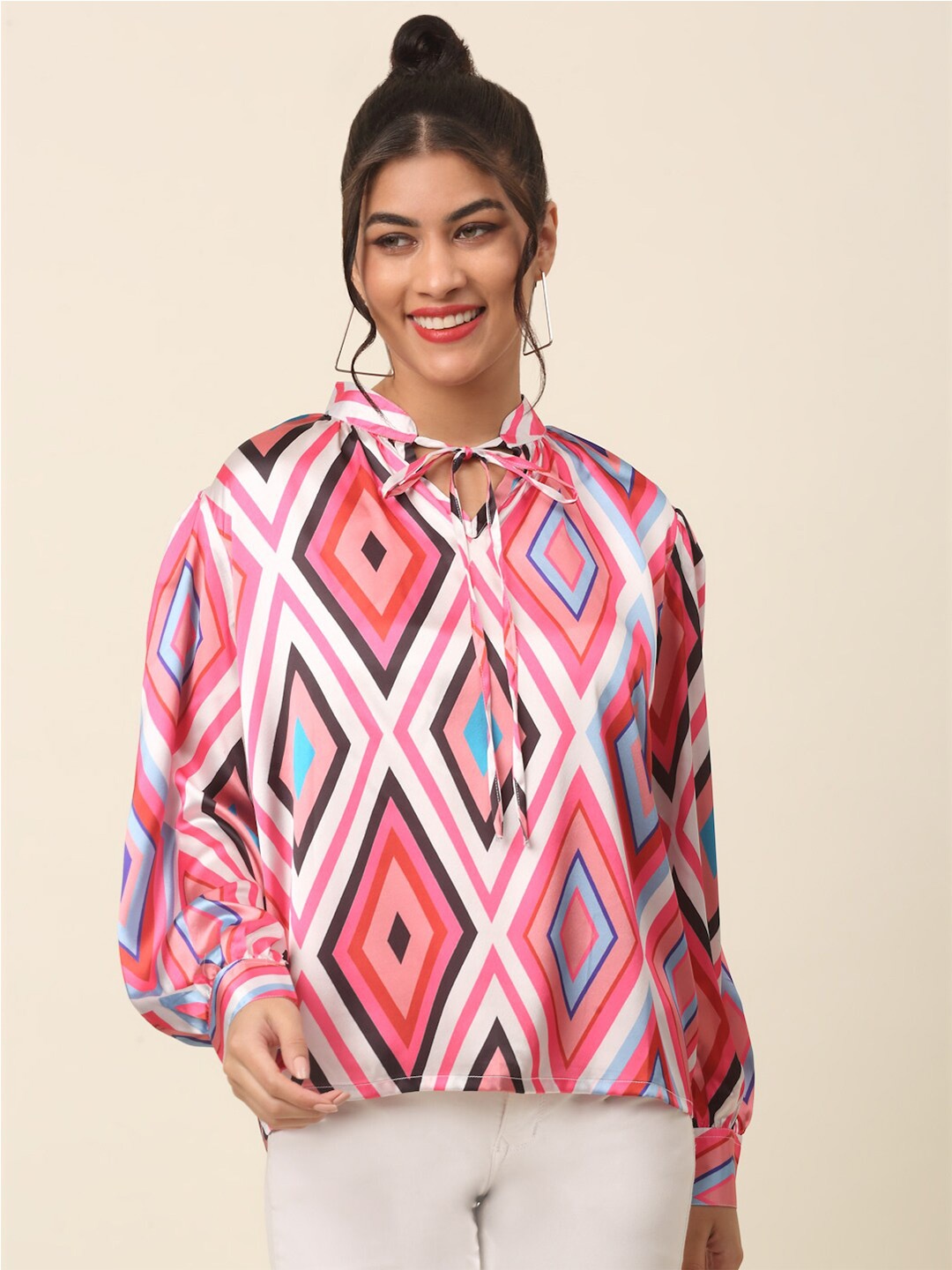 

plusS Pink Geometric Printed Tie-Up Neck Cuffed Sleeves Top