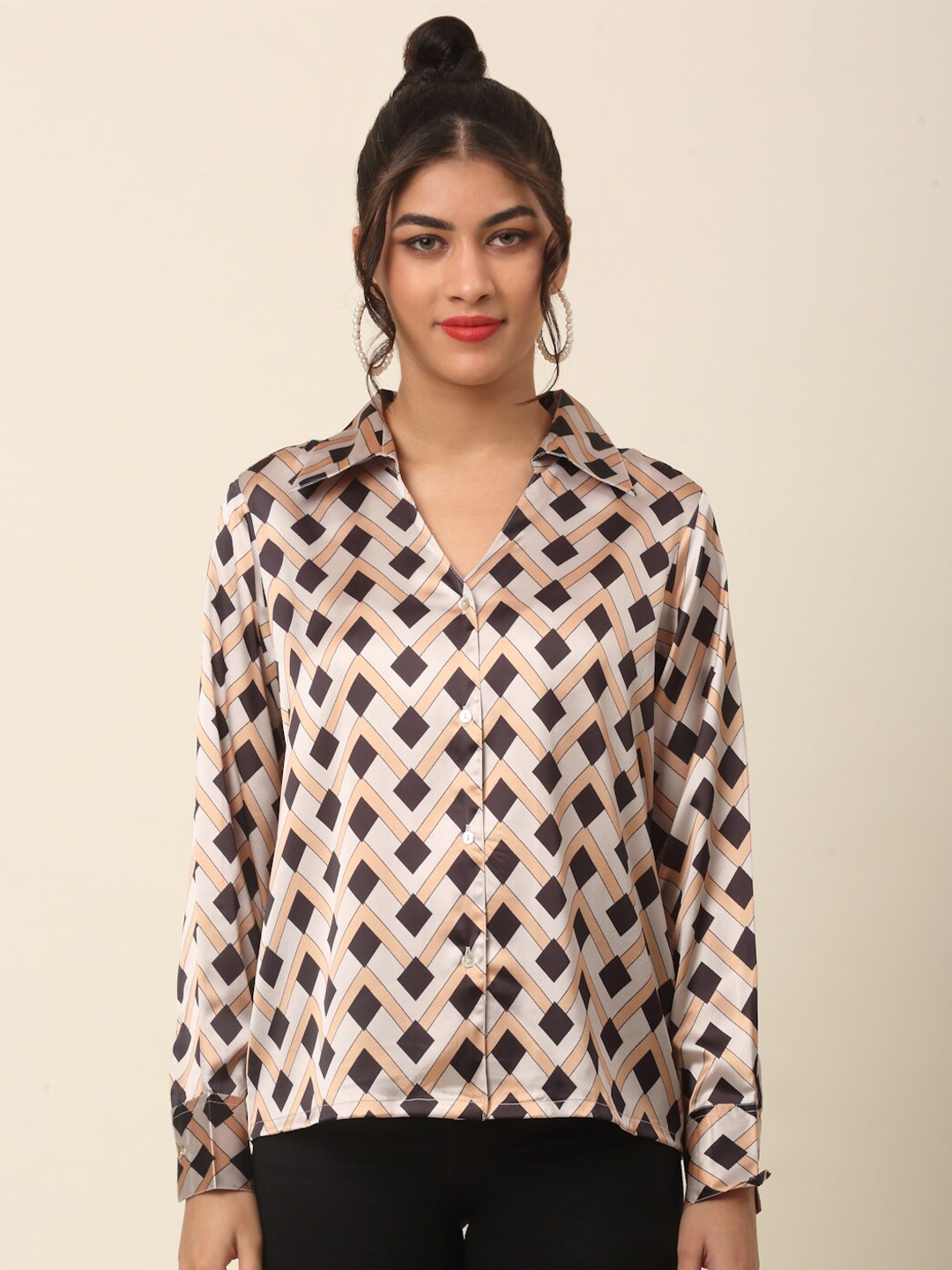 

plusS Beige Geometric Printed Casual Shirt