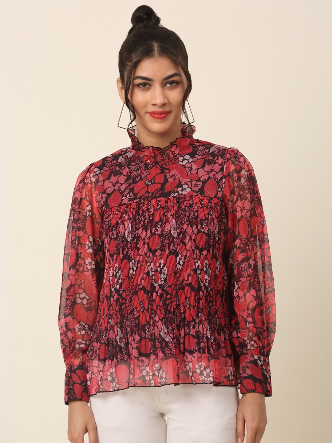 

plusS Red Floral Printed High Neck Cuffed Sleeves A-Line Top