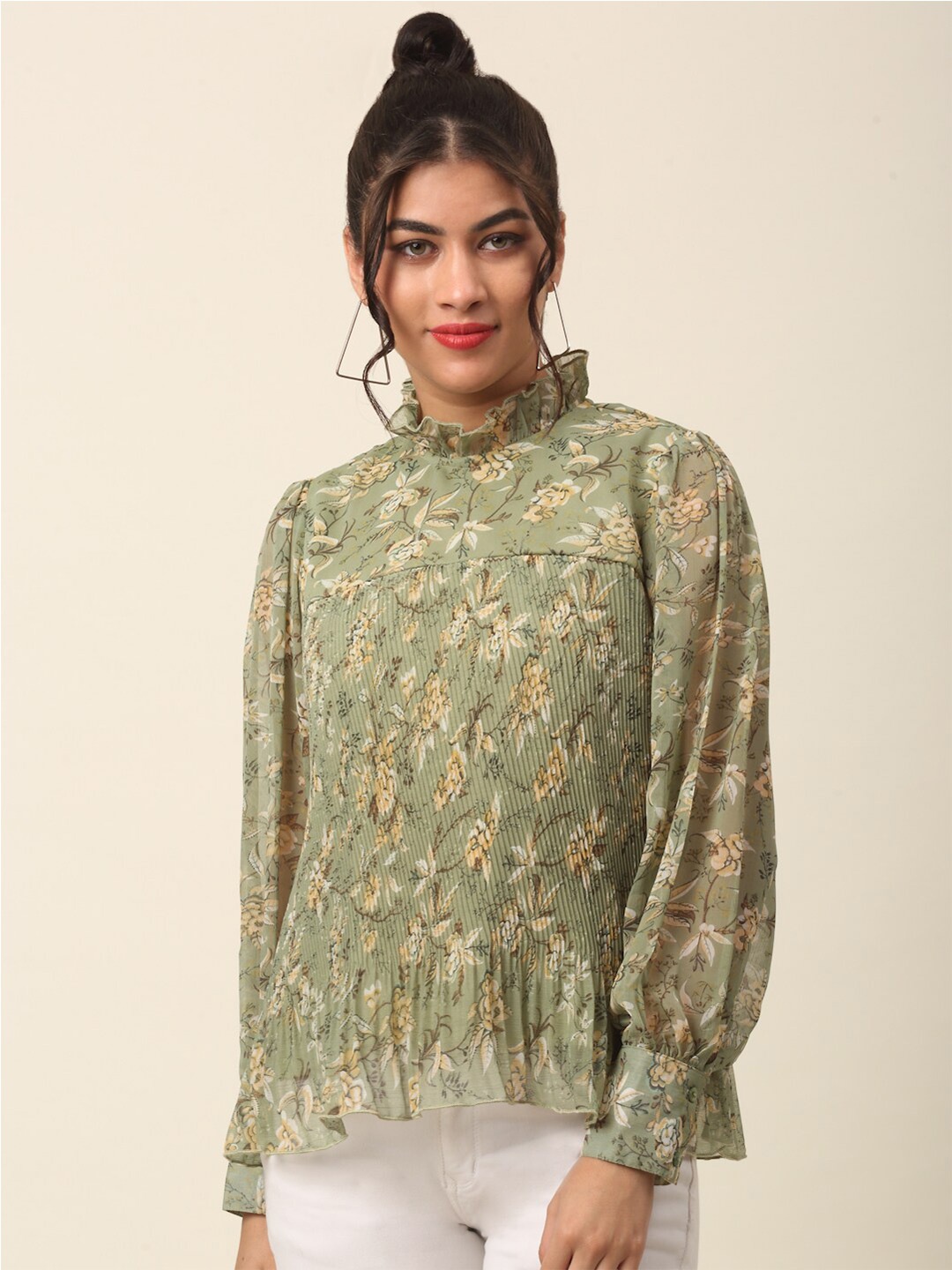 

plusS Olive Green Floral Printed High Neck Cuffed Sleeves A-Line Top