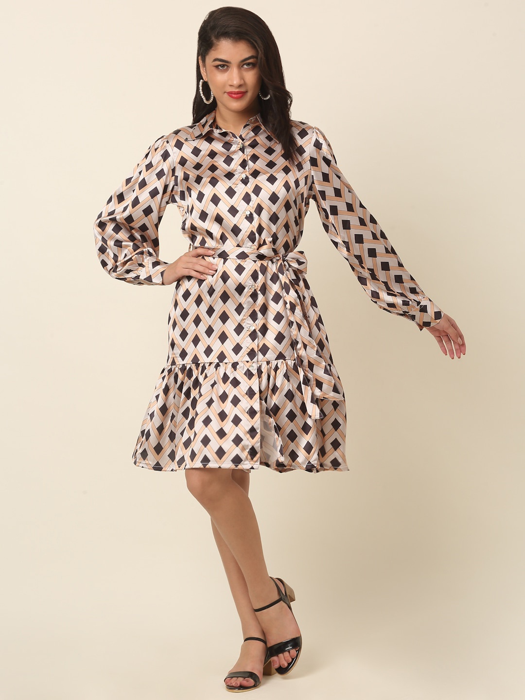 

plusS Beige Polka Dot Print Puff Sleeve Fit & Flare Dress