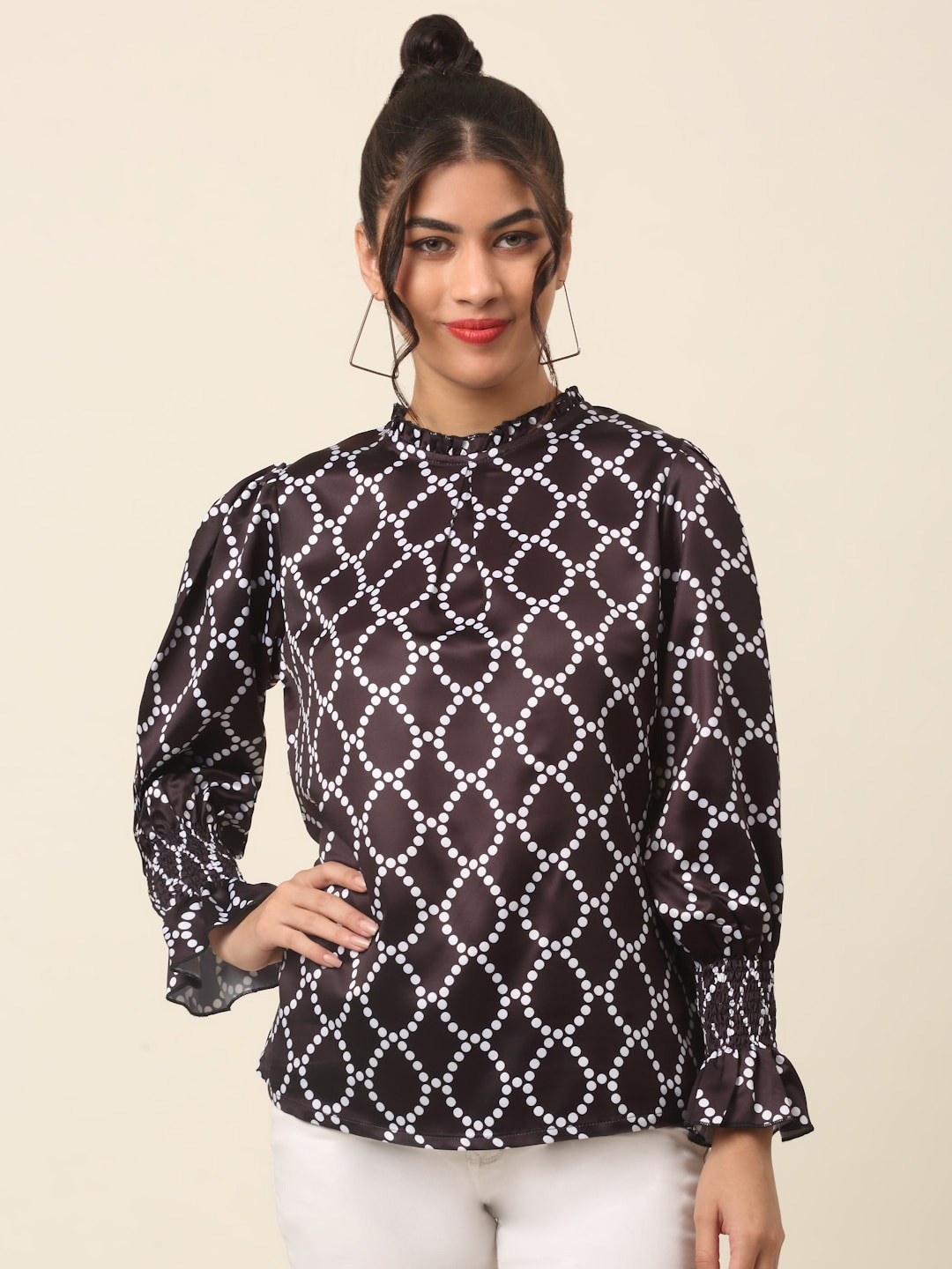 

plusS Black Geometric Print Mandarin Collar Bell Sleeve Top