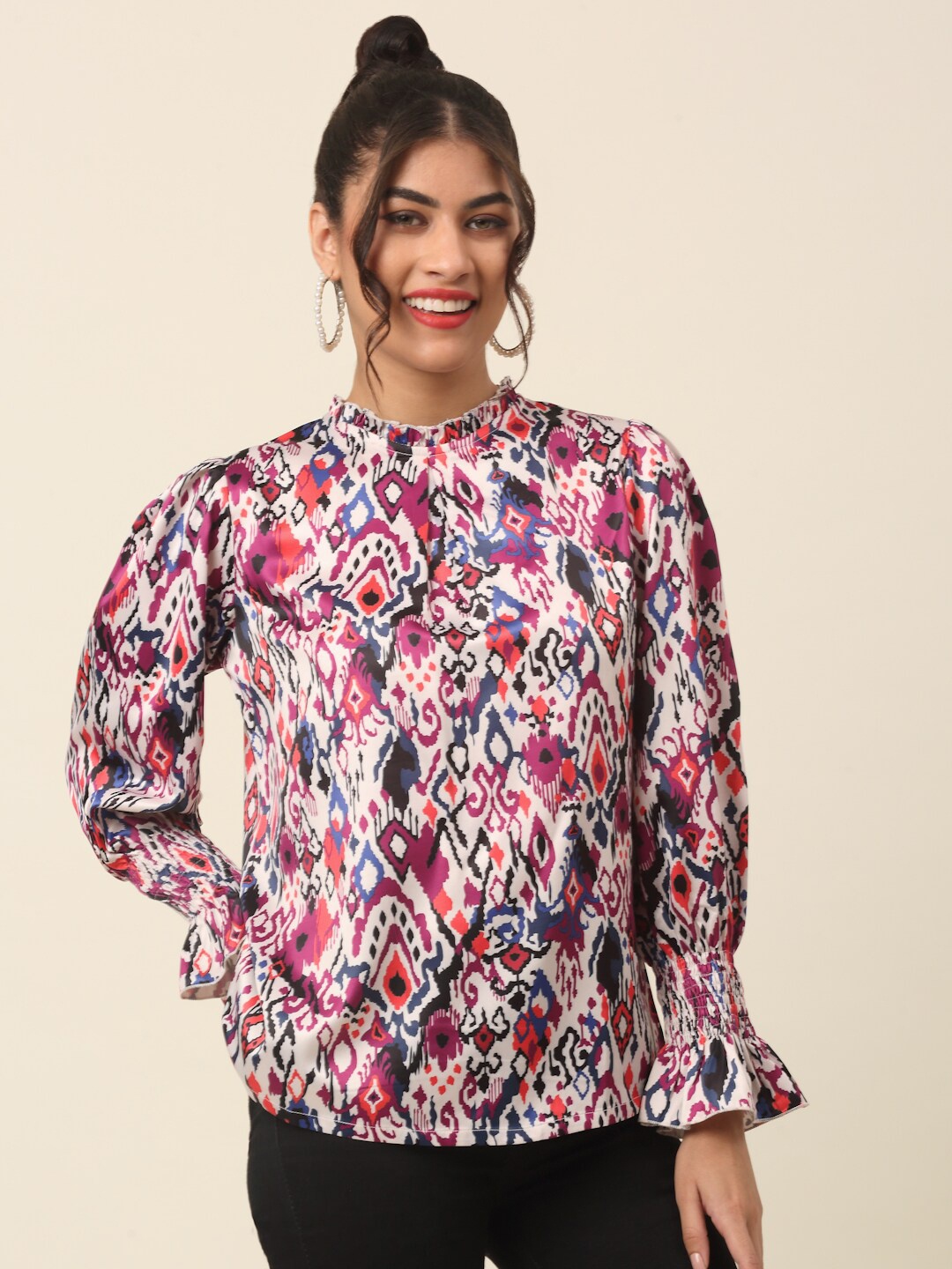 

plusS Pink Abstract Printed High Neck Puff Sleeves A-Line Top