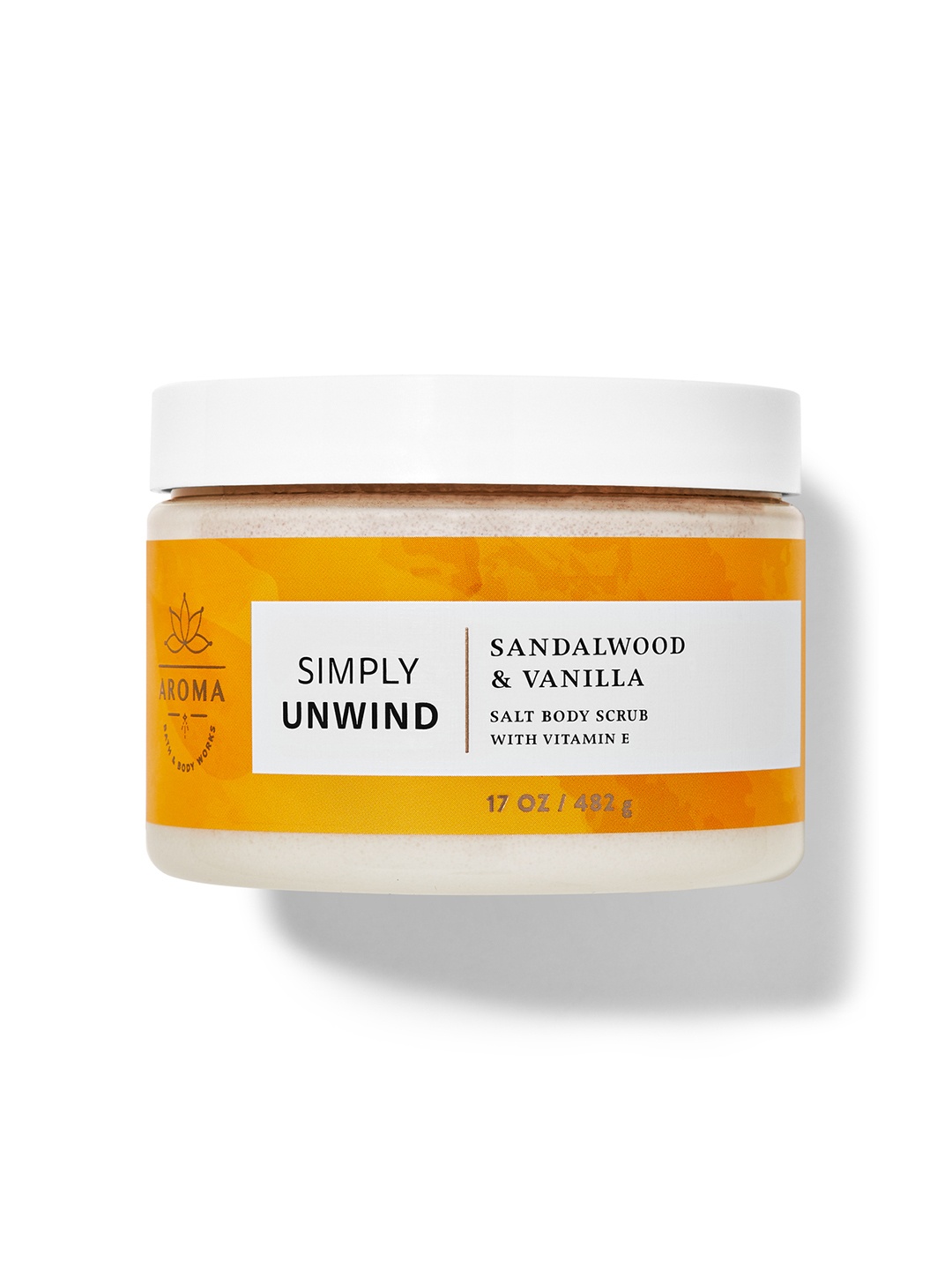 

Bath & Body Works Simply Unwind Sandalwood & Vanilla Salt Body Scrub with Vitamin E - 482g, Yellow