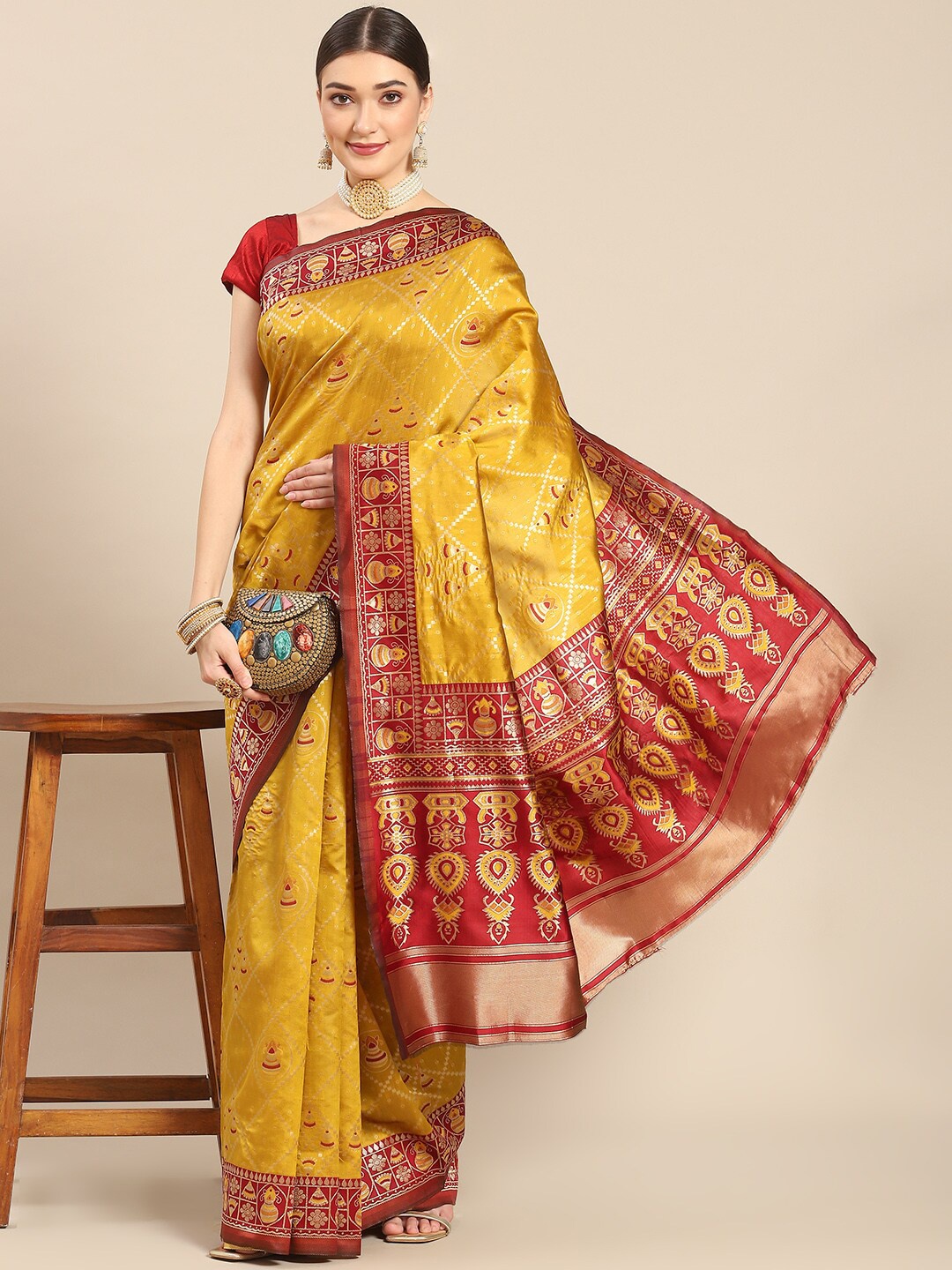 

all about you Yellow & Red Ethnic Motif Woven Design Zari Kanjeevaram Saree