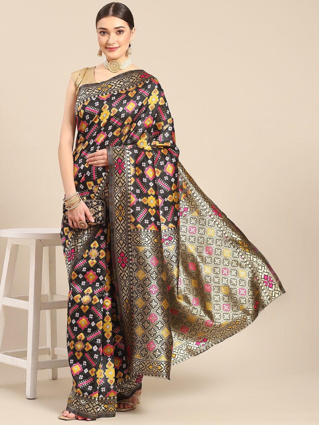 

all about you Black & Gold-Toned Ethnic Motif Woven Design Zari Kanjeevaram Saree