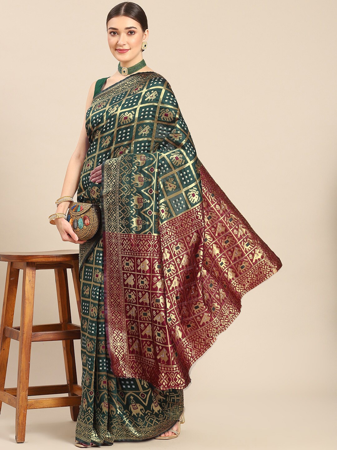 

all about you Green & Maroon Ethnic Motif Woven Design Zari Kanjeevaram Saree