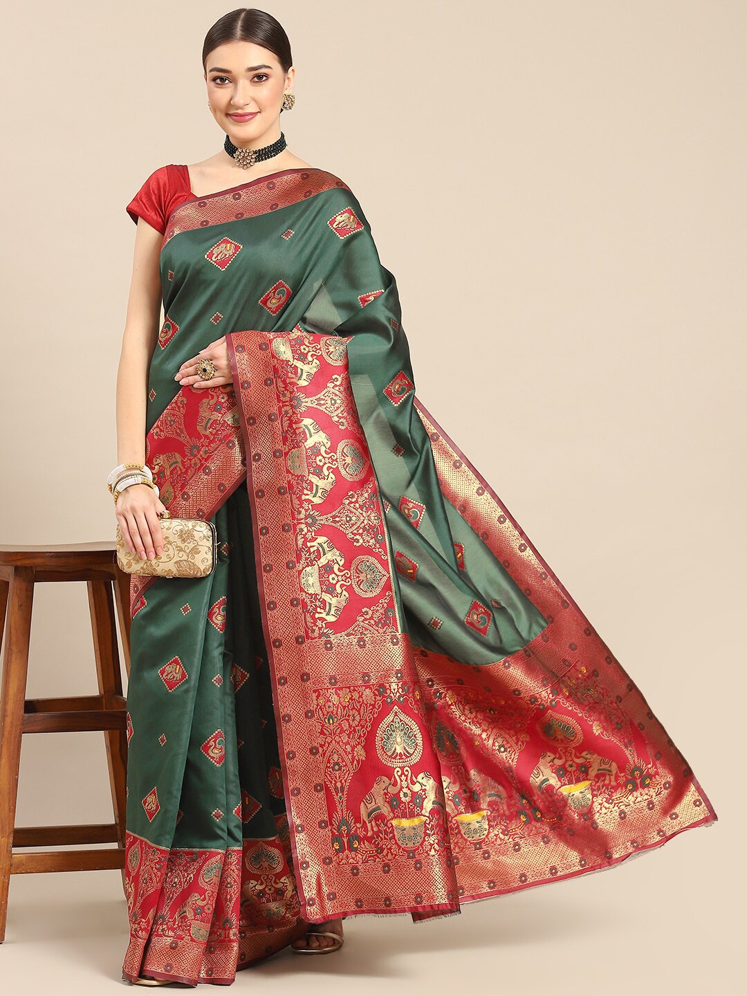 

all about you Green & Red Ethnic Motif Woven Design Zari Kanjeevaram Saree