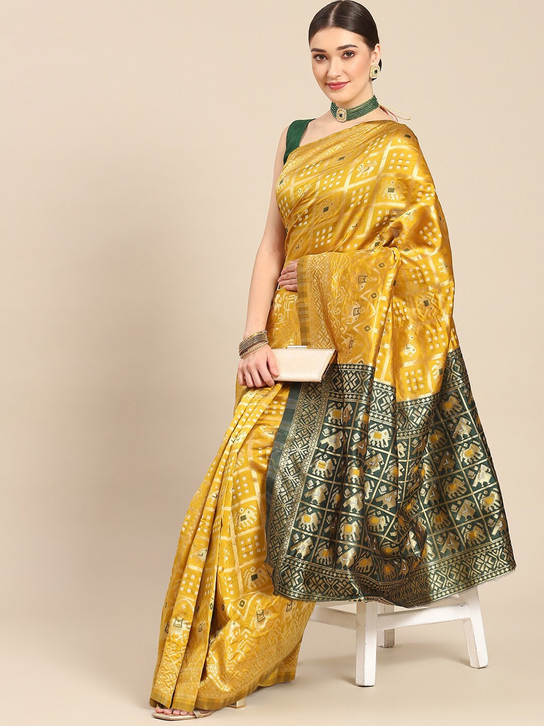 

all about you Yellow & Green Ethnic Motif Woven Design Zari Kanjeevaram Saree