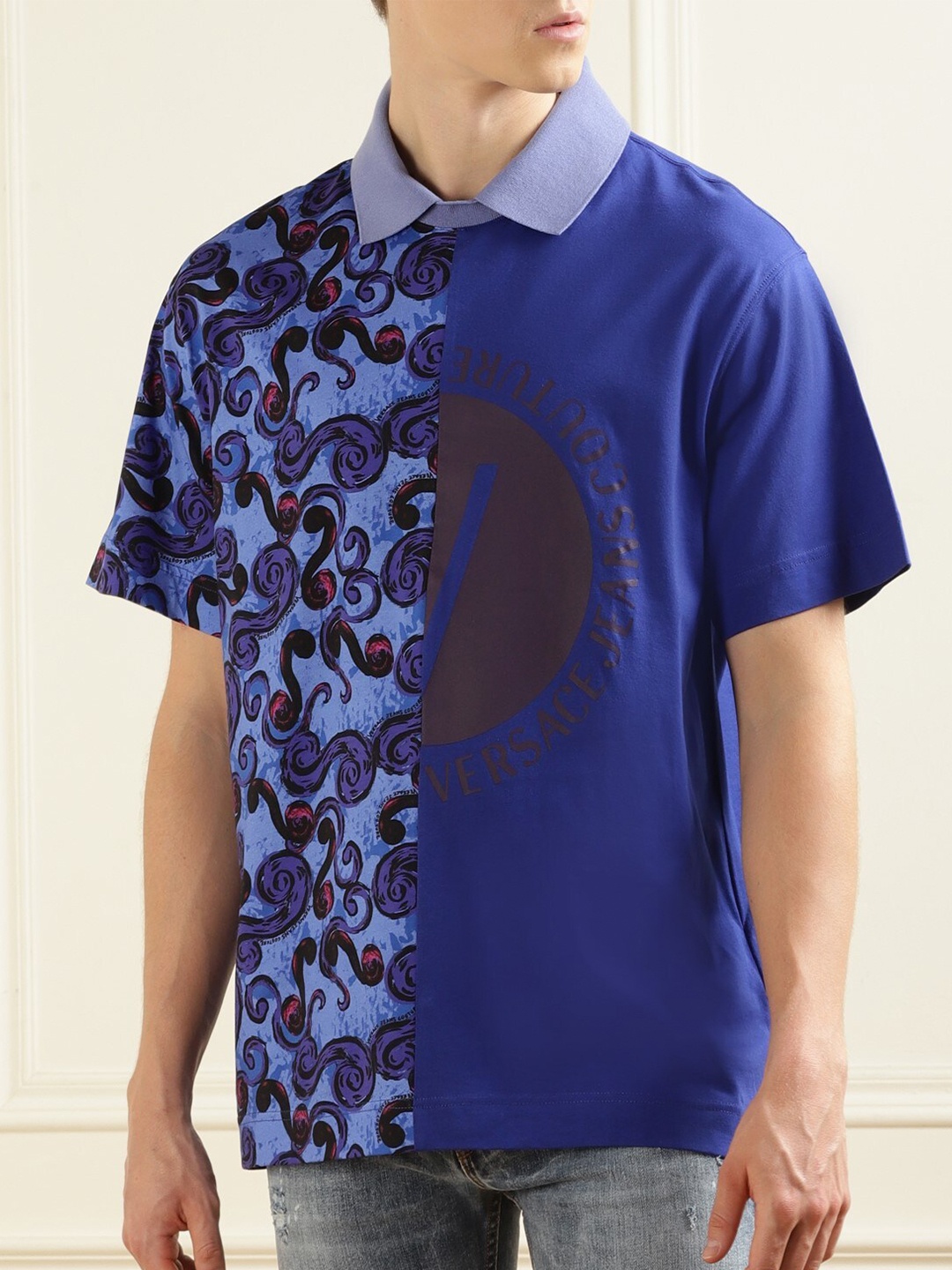 

Versace Jeans Couture Conversational Printed Polo Collar Cotton T-shirt, Blue