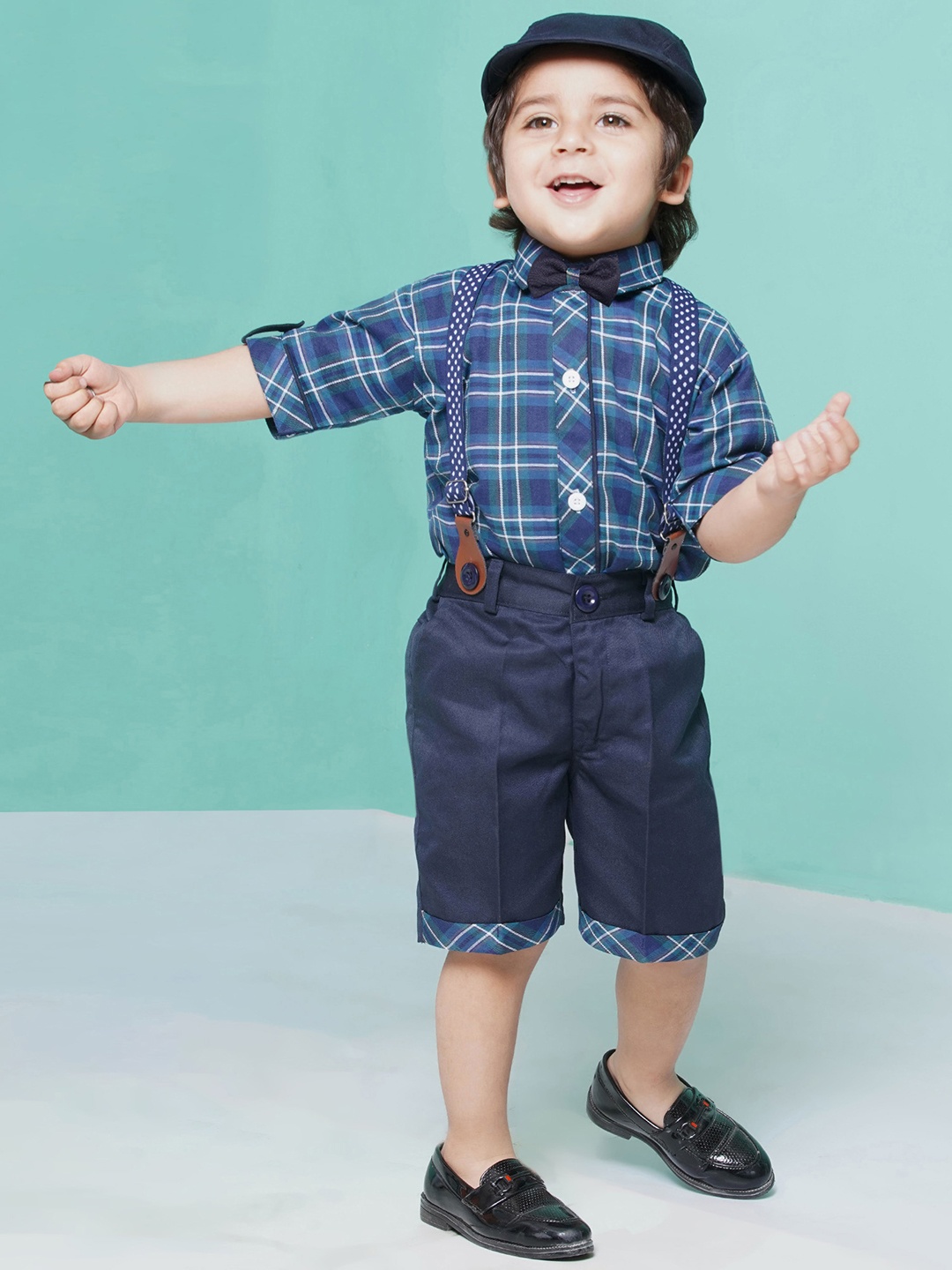 

Aj DEZInES Boys Checked Shirt with Shorts Cap & Suspenders Clothing Set, Blue