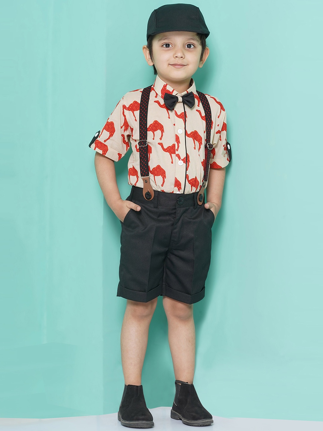 

Aj DEZInES Boys Printed Cotton Shirt Bow Shorts With Cap Suspenders Clothing Set, Red