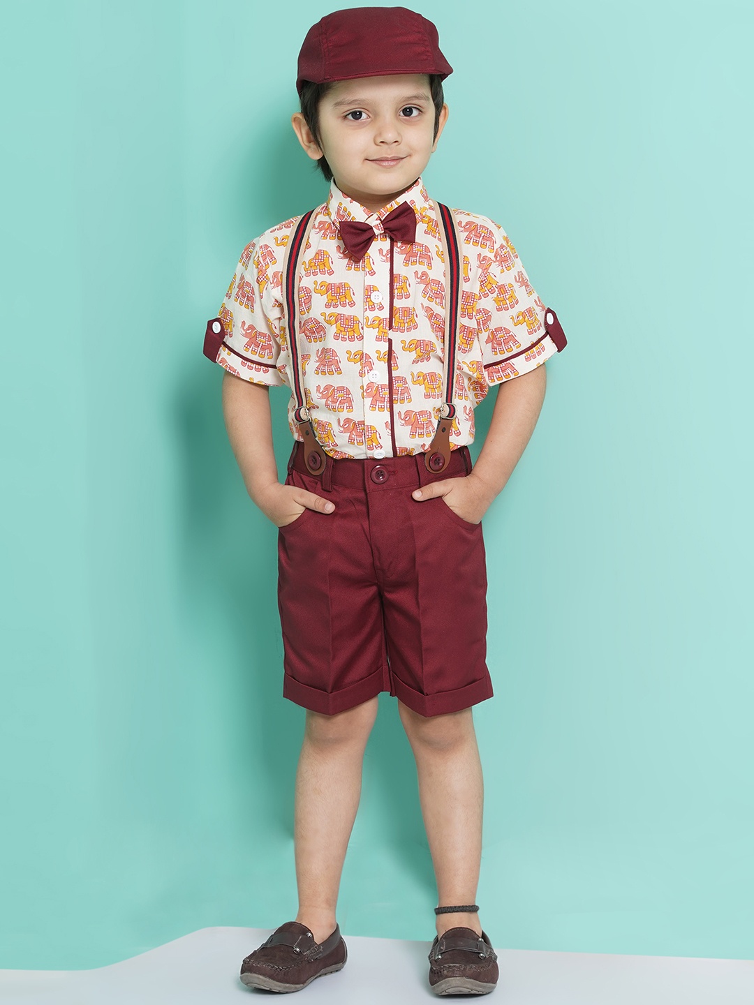 

Aj DEZInES Boys Printed Cotton Shirt Bow Shorts With Cap Suspenders Clothing Set, Peach