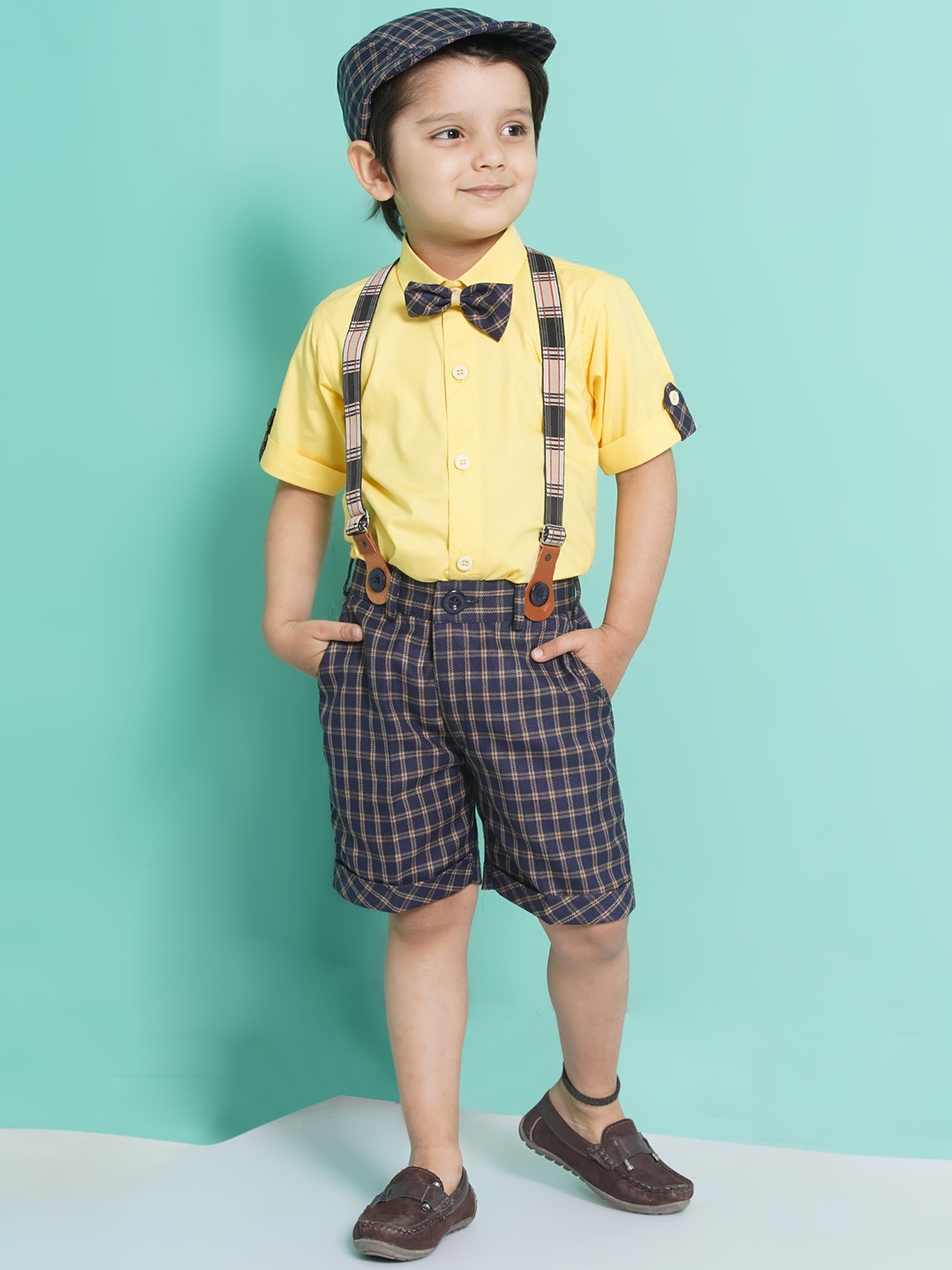 

Aj DEZInES Boys Printed Cotton Shirt Bow Shorts With Cap Suspenders Clothing Set, Navy blue