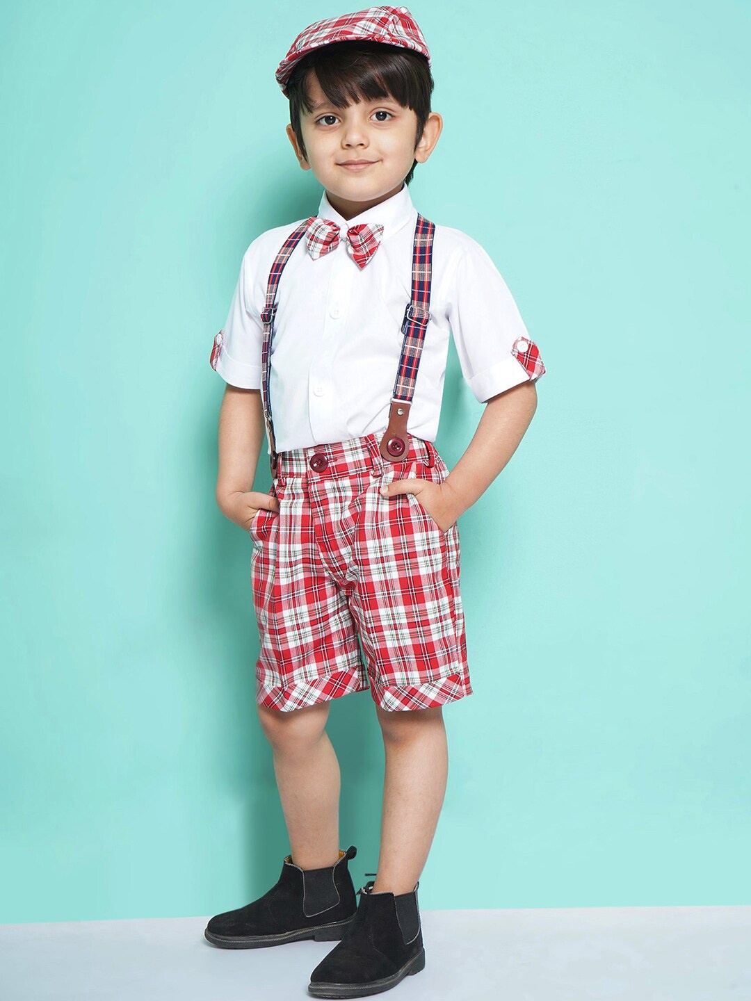 

Aj DEZInES Boys Printed Cotton Shirt Bow Shorts With Cap Suspenders Clothing Set, White