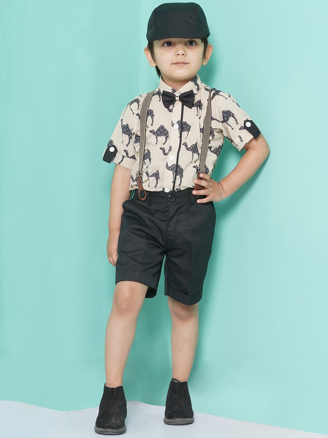 

Aj DEZInES Boys Printed Cotton Shirt Bow Shorts With Cap Suspenders Clothing Set, Beige