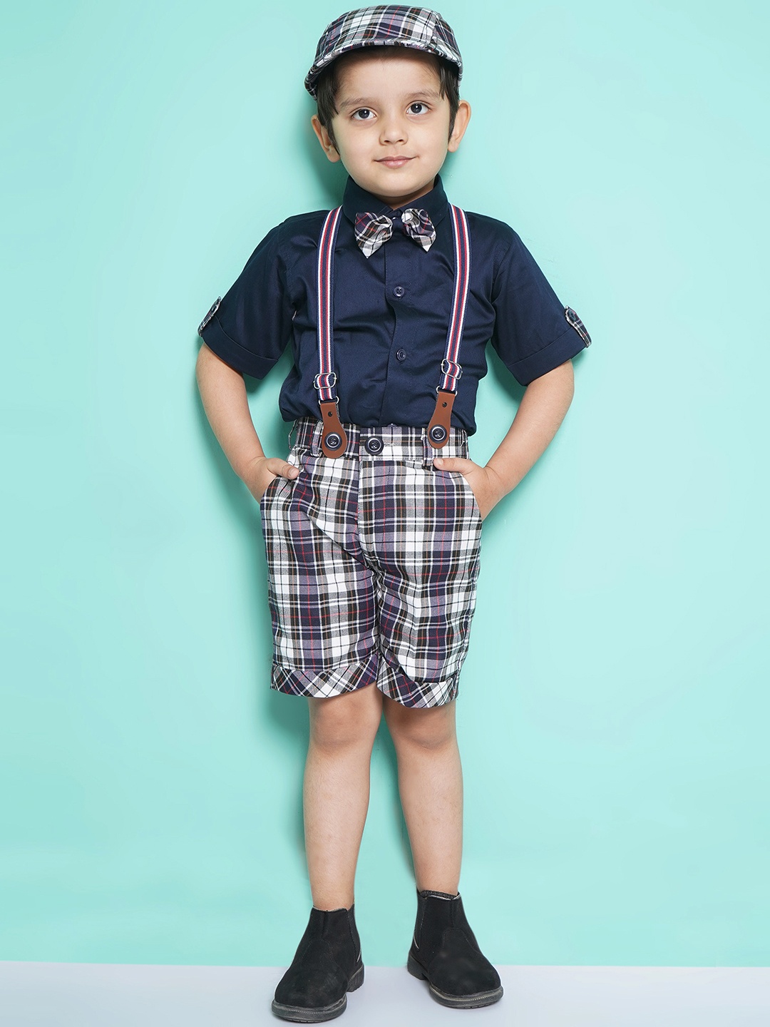 

Aj DEZInES Boys Printed Cotton Shirt Bow Shorts With Cap Suspenders Clothing Set, Navy blue