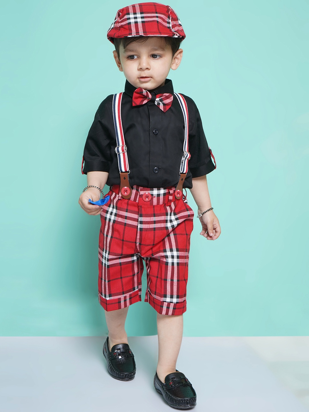 

Aj DEZInES Boys Checked Shirt with Shorts & Cap Suspenders Clothing Set, Black