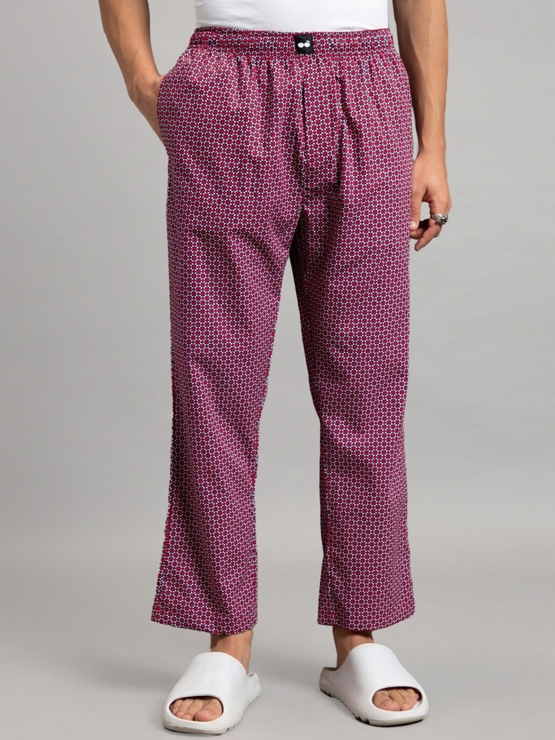 

Bewakoof Men All Over Geometric Printed Lounge Pants, Maroon